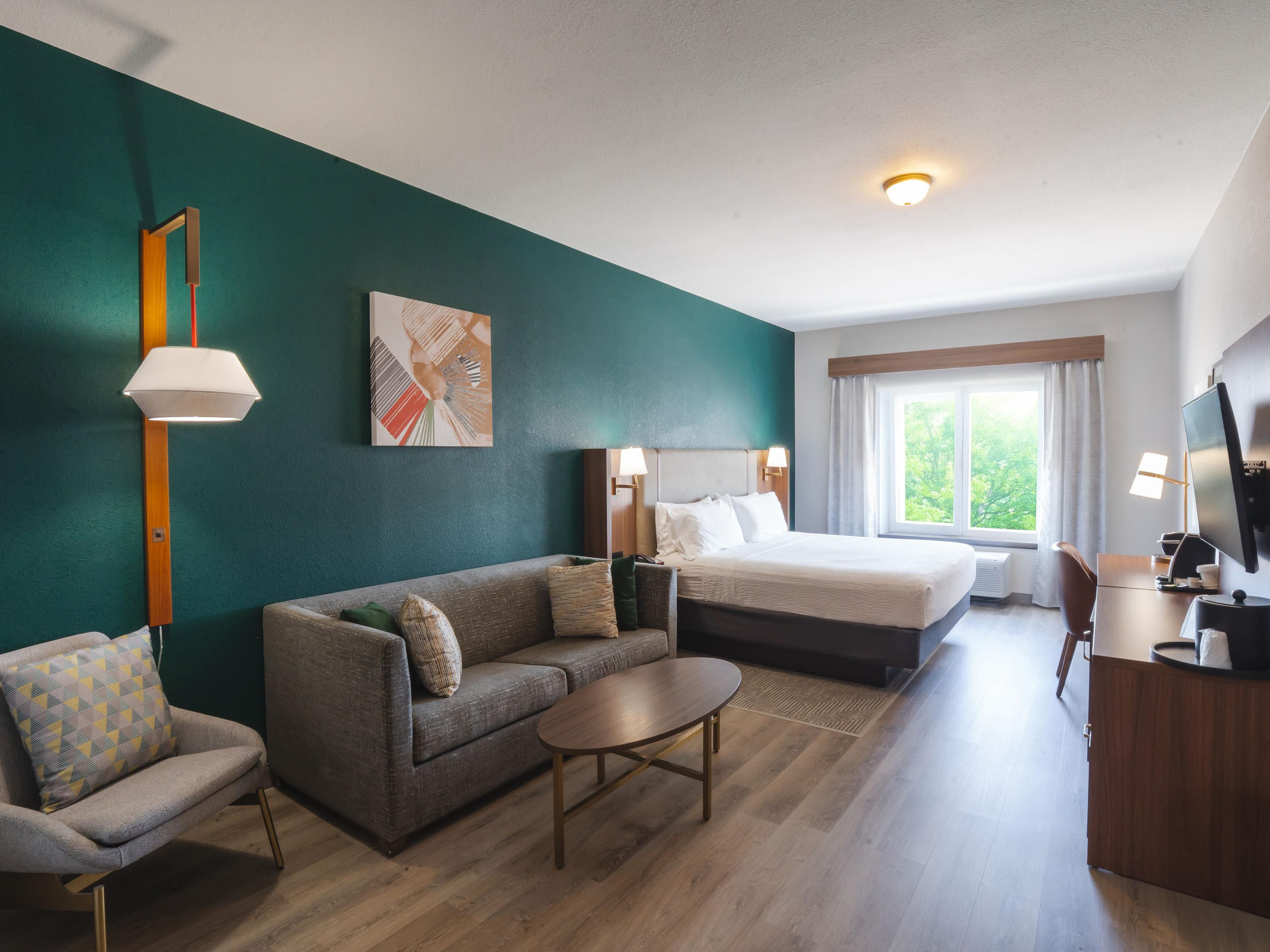 Newly renovated with all brand new furnishings! Work from your room with ease and comfort, with our moveable desk and five dedicated points of power.