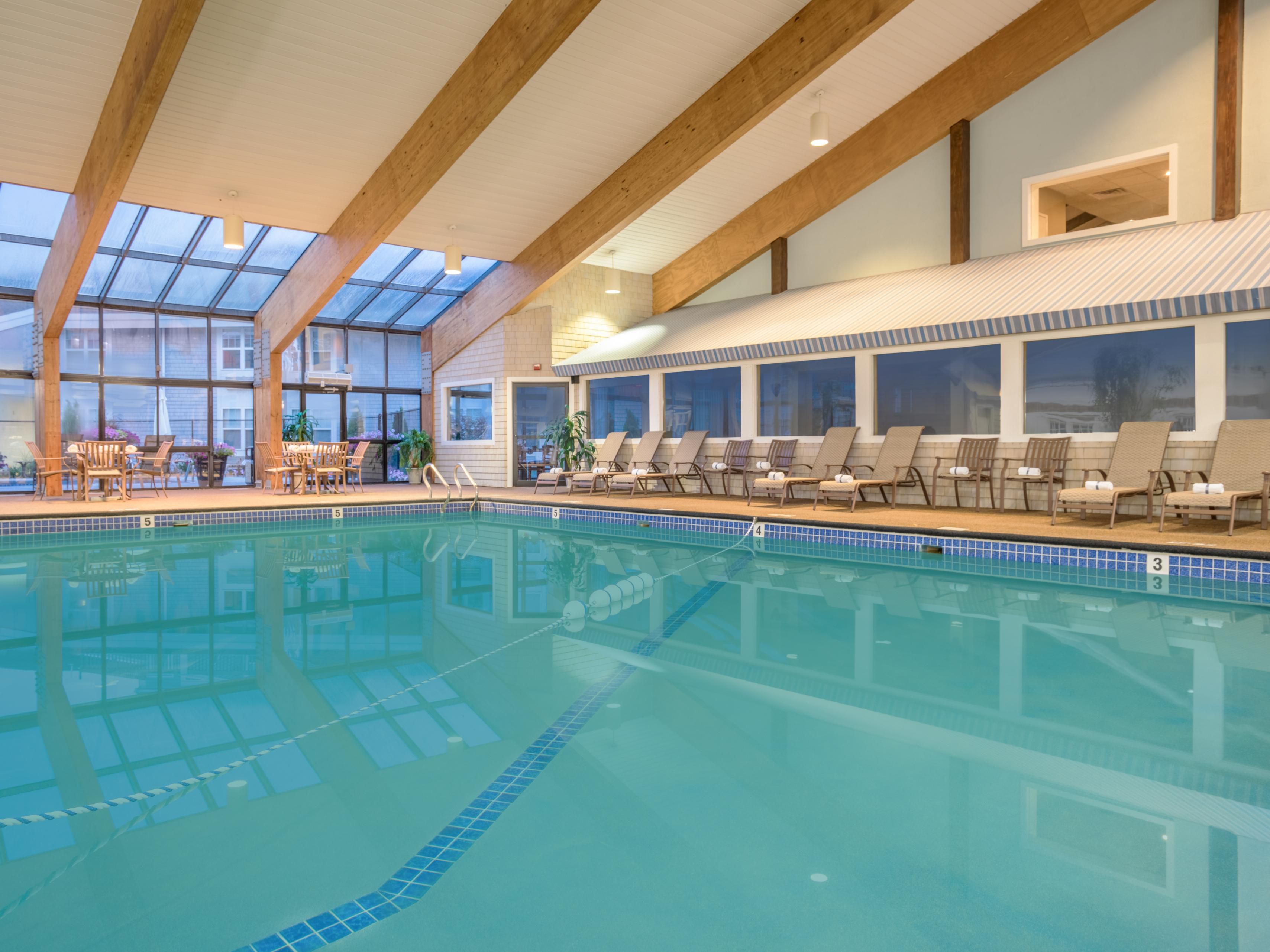 Take a refreshing dip in our sparkling (and large!) indoor heated pool, the perfect spot to relax, recharge, or enjoy some family fun.  Unwind in the bubbly whirlpool, as you soak your worries away.  Seasonal hours apply - please call us at 508-775-1153 for the latest schedule.    