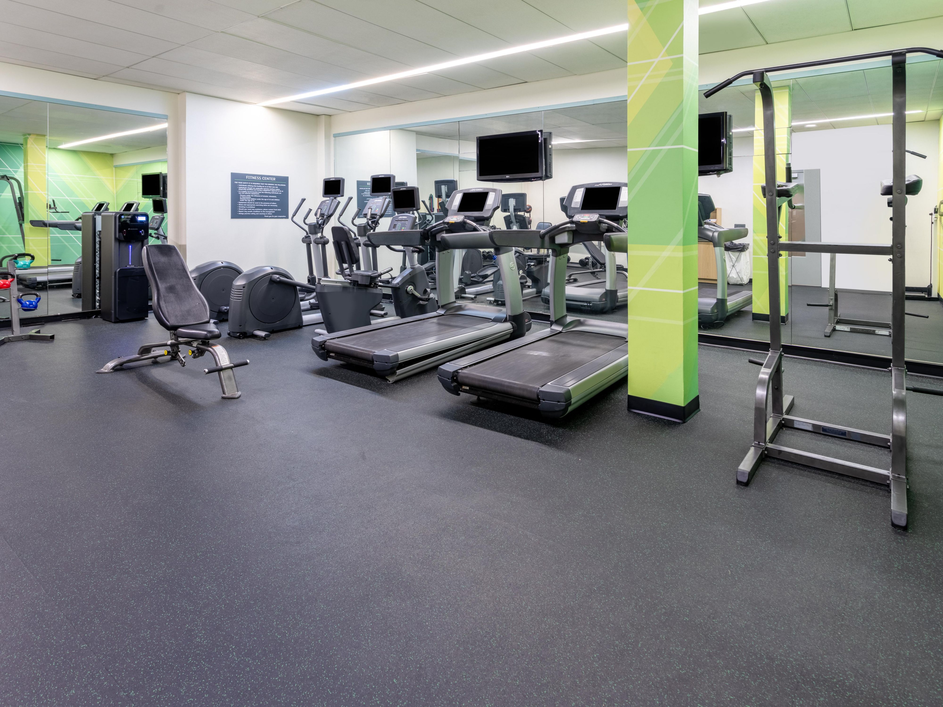 Stay in shape while you're away from home. Start your day with an energetic workout in our 24-hour Fitness Center. Our state-of-the-art Fitness Center features elliptical machines, a stair stepper, a stationary bicycle, a treadmill, and a climber, as well as free weights.