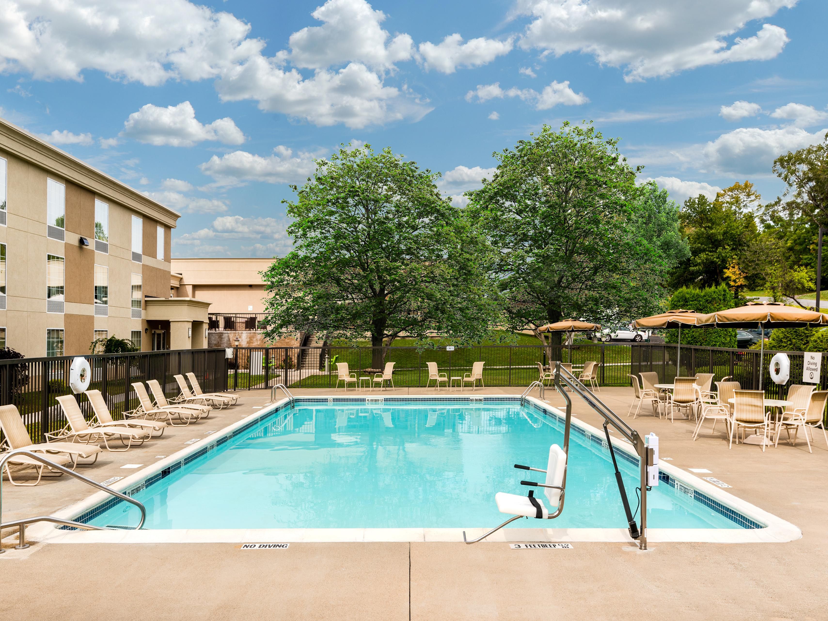 A heated outdoor pool that is open until 10pm weather permitted. Pool towels available for guests. 24/7 Fitness Center featuring weights, treadmill/elliptical/bike, and more. Room service available. Coin operated guest laundry. 