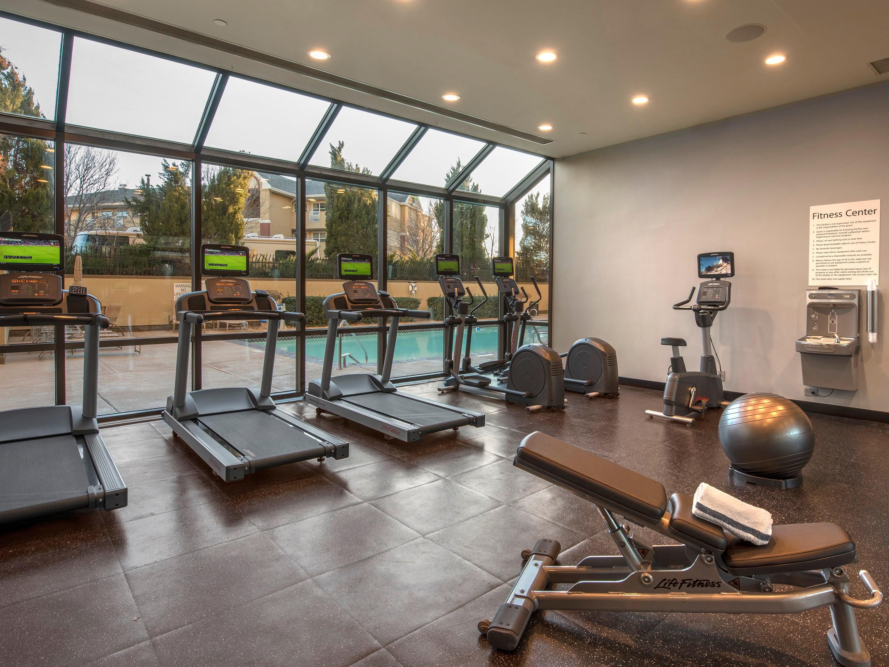 Bring your running shoes and workout clothes and get your workout on.  Lots of room to move and a great view of the pool (or your favorite show) whether you want to lift, run, stretch or bike.