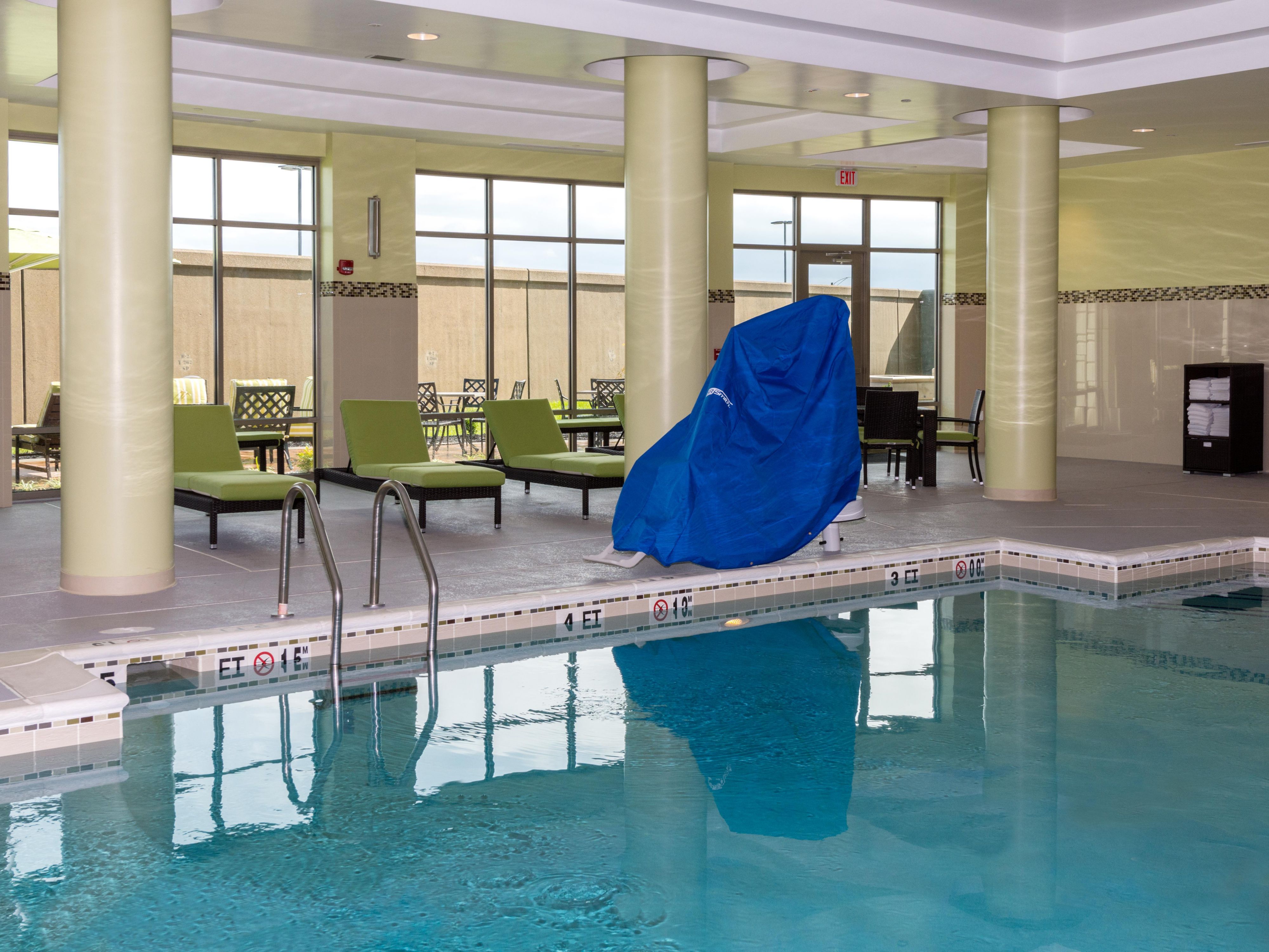 Enjoy a refreshing swim in our relaxing indoor pool. The pool is open daily from 9:00 AM to 9:00 PM. Comfortable lounge chairs are available poolside, providing a perfect spot to unwind after a busy day.