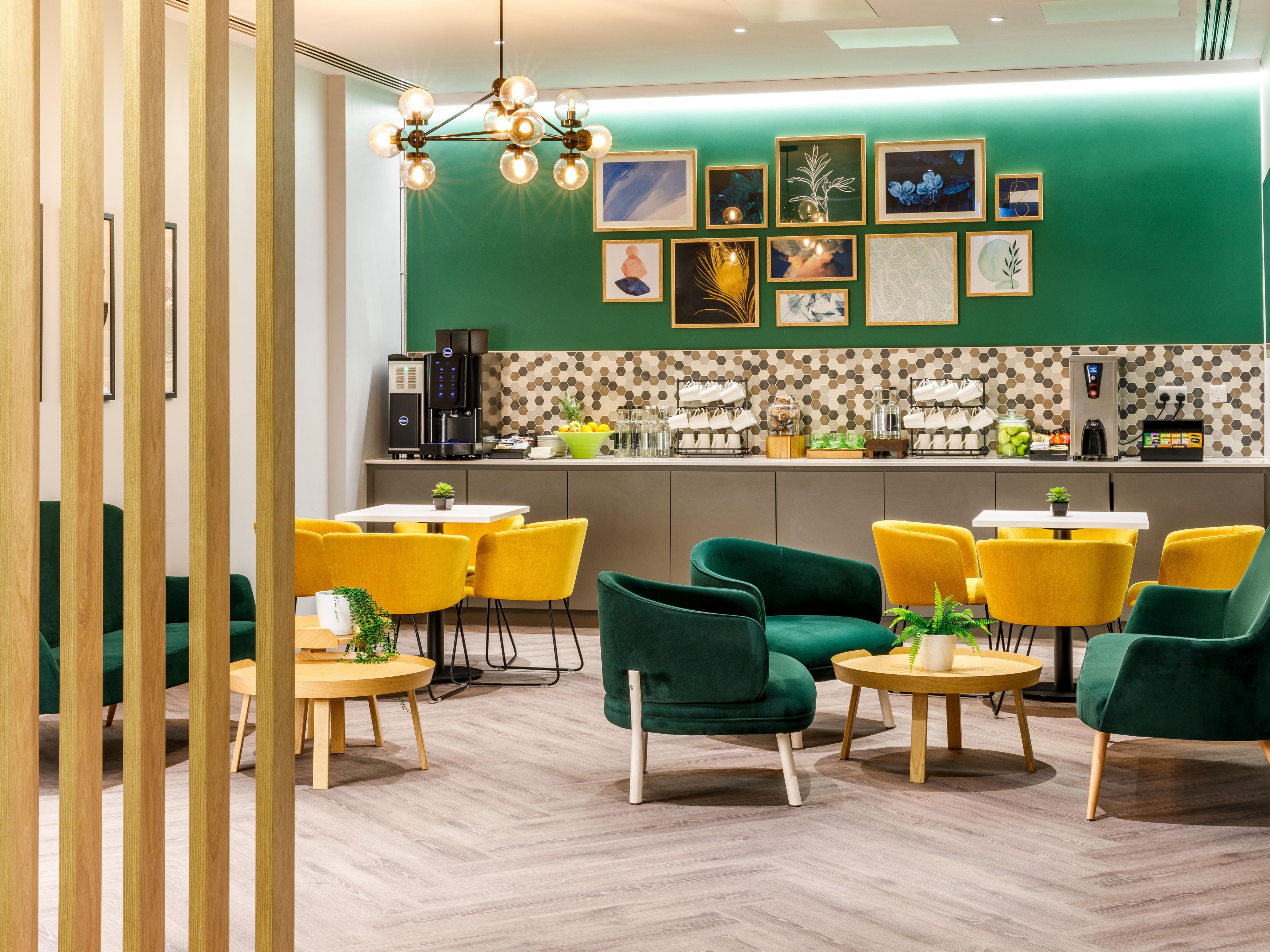 Spacious breakout space. The delegate lounge is available to all conference guests. Offering comfortable lounge seating, refreshment station barista coffee machines and tea selections and fully stocked fridges, desks with laptop charging points, dedicated meeting welcome desk.