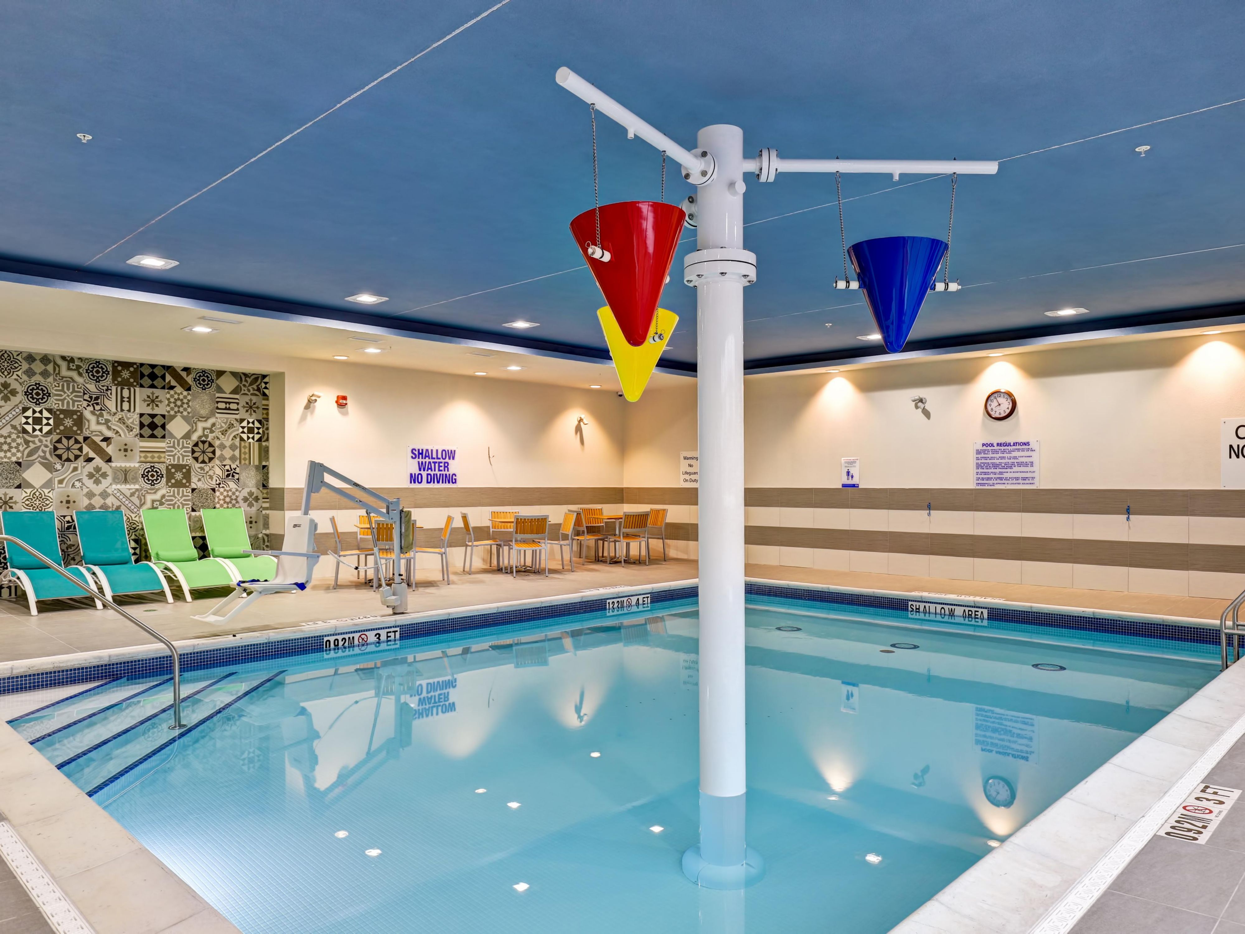 An indoor saltwater pool, slightly heated. The perfect way to unwind after a busy day Kids love it for the dumping buckets and bubblers. Our pool is ready to go, even in the colder months. So go ahead, jump in, and indulge yourself.