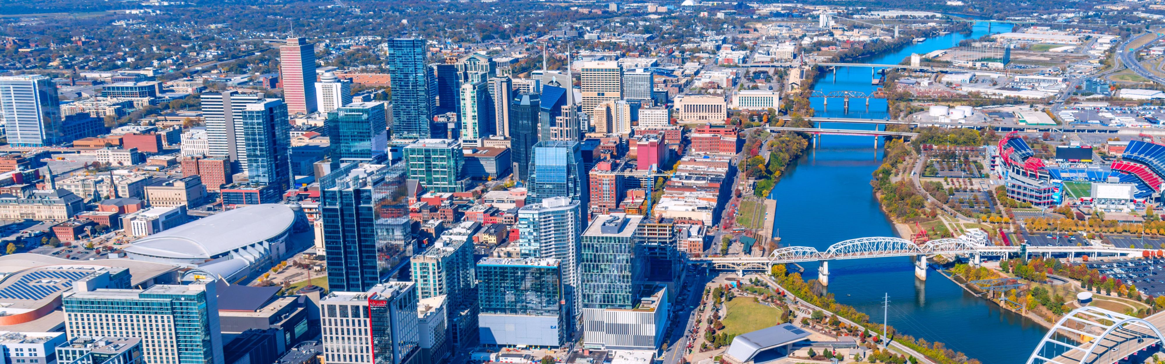 Nashville skyline featuring Nissan Stadium, only 0.6 miles away.