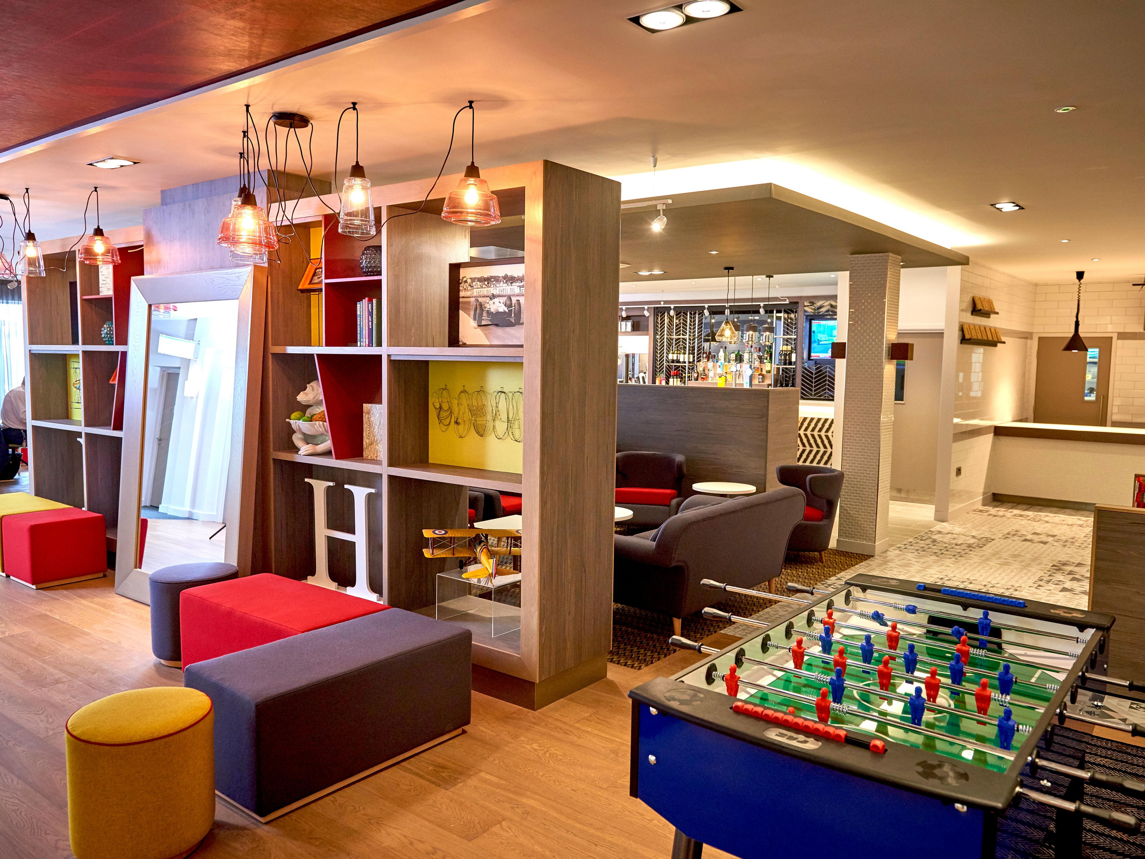 A lively, sociable space to be when you need to relax, work, or just have fun.

Pull up a stool at the bar or find a table for a drink and a meal.

Working is no problem with complimentary Wi-Fi and working desks with chairs. 

Playtime is catered for with table football or stay on top of the latest news on one of our five HD TV screens.