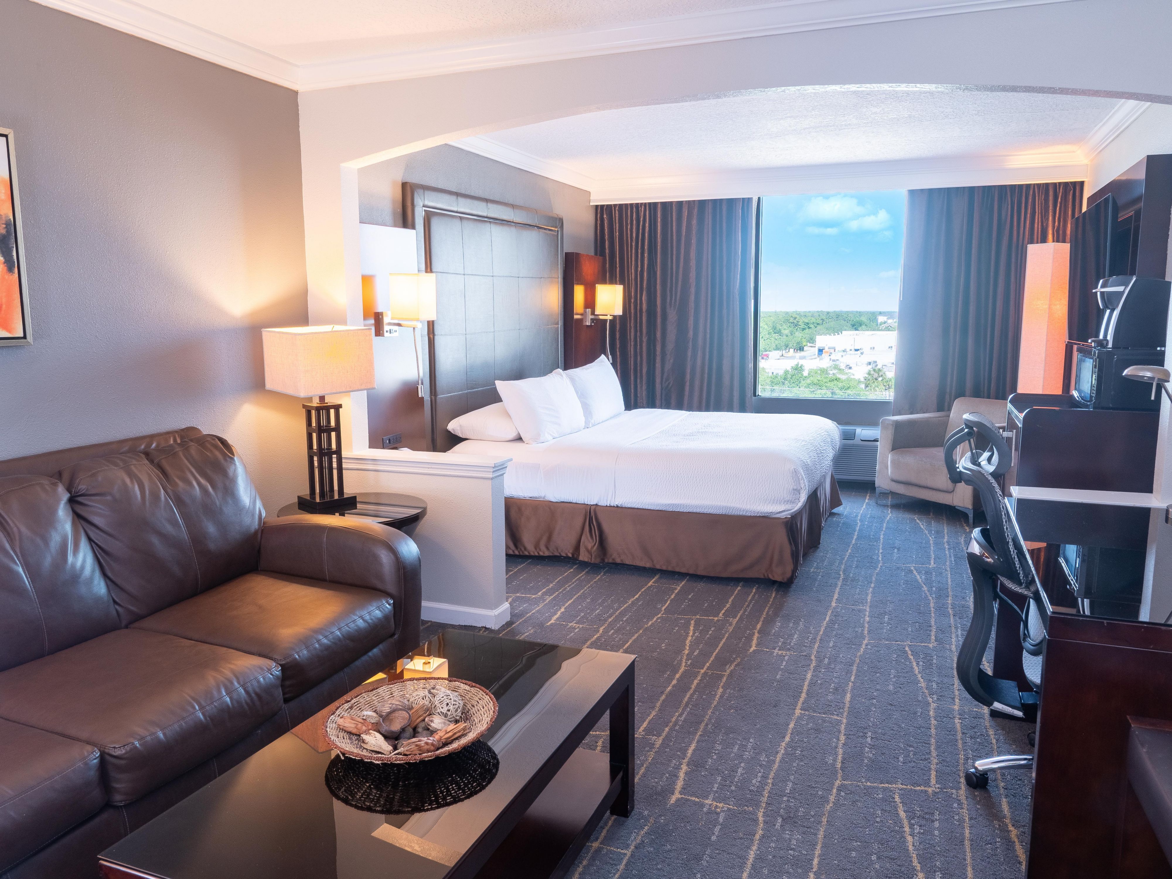 King room with Sofa, Two HDTVs, HDMI access, City View