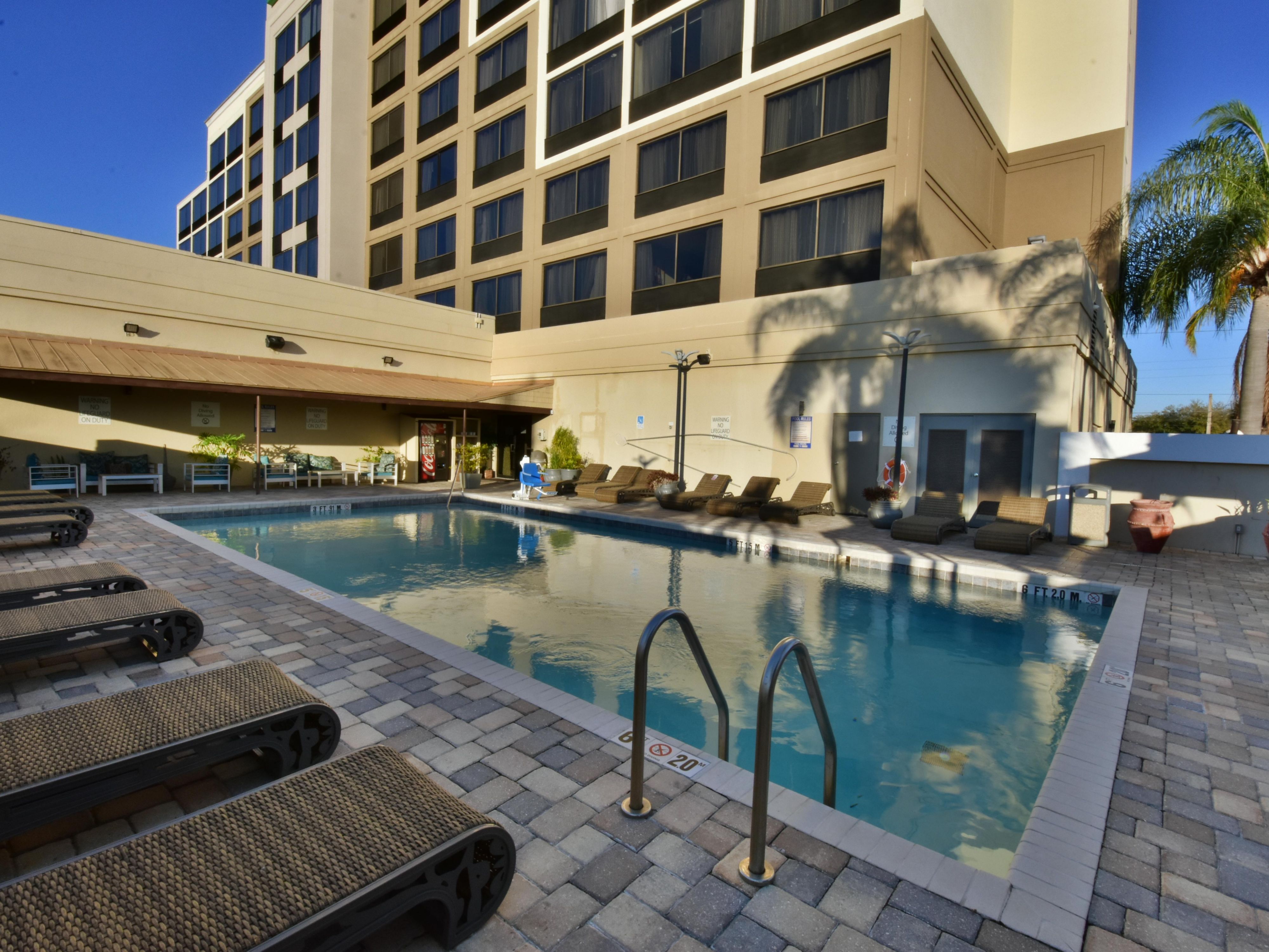 Take a dip in our outdoor pool or lounge poolside on our inviting patio. Whether you like to swim laps, make a big splash, or enjoy a leisurely swim, our pool and patio are perfect for relaxation and recreation. Open daily 9:00am - 10:00pm.