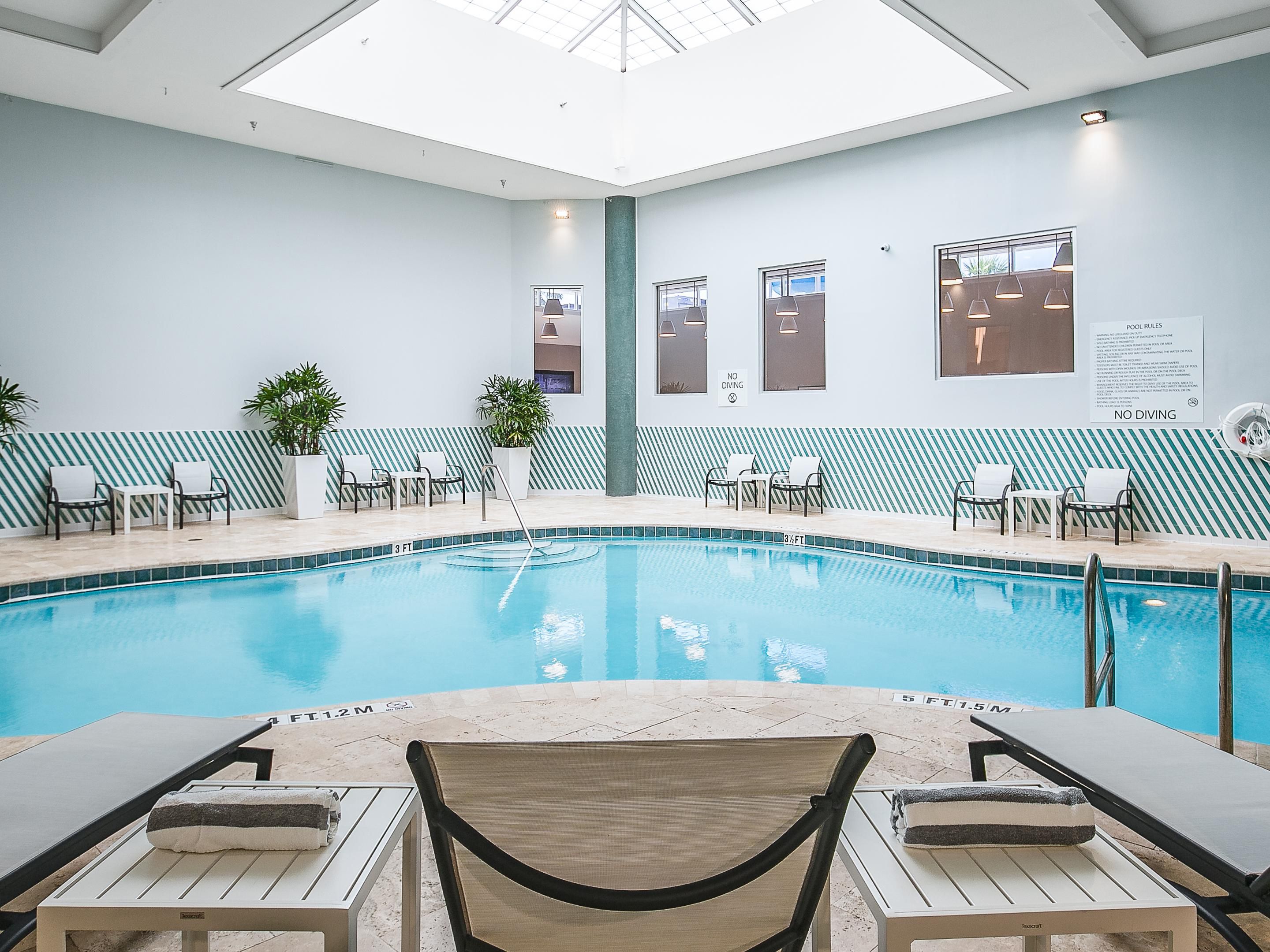 Enjoy swimming every day of the year at our Panama City hotel with an indoor pool. Open daily from 8:00 AM to 10:00 PM, our heated pool is the perfect place to make a splash—no matter the season. Dive in for a refreshing swim in the morning, take an evening dip to wind down, or unwind with a relaxing soak in the hot tub, day or night.