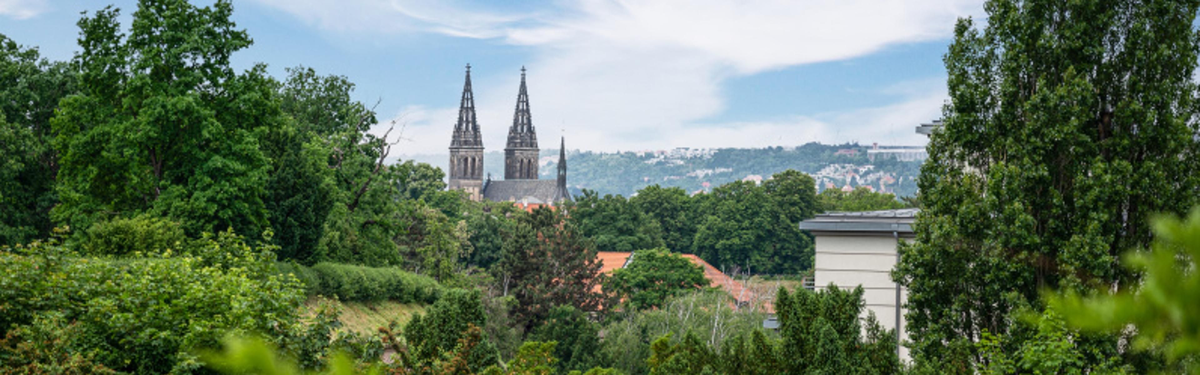 Hotel garden with view of Vysehrad Castle