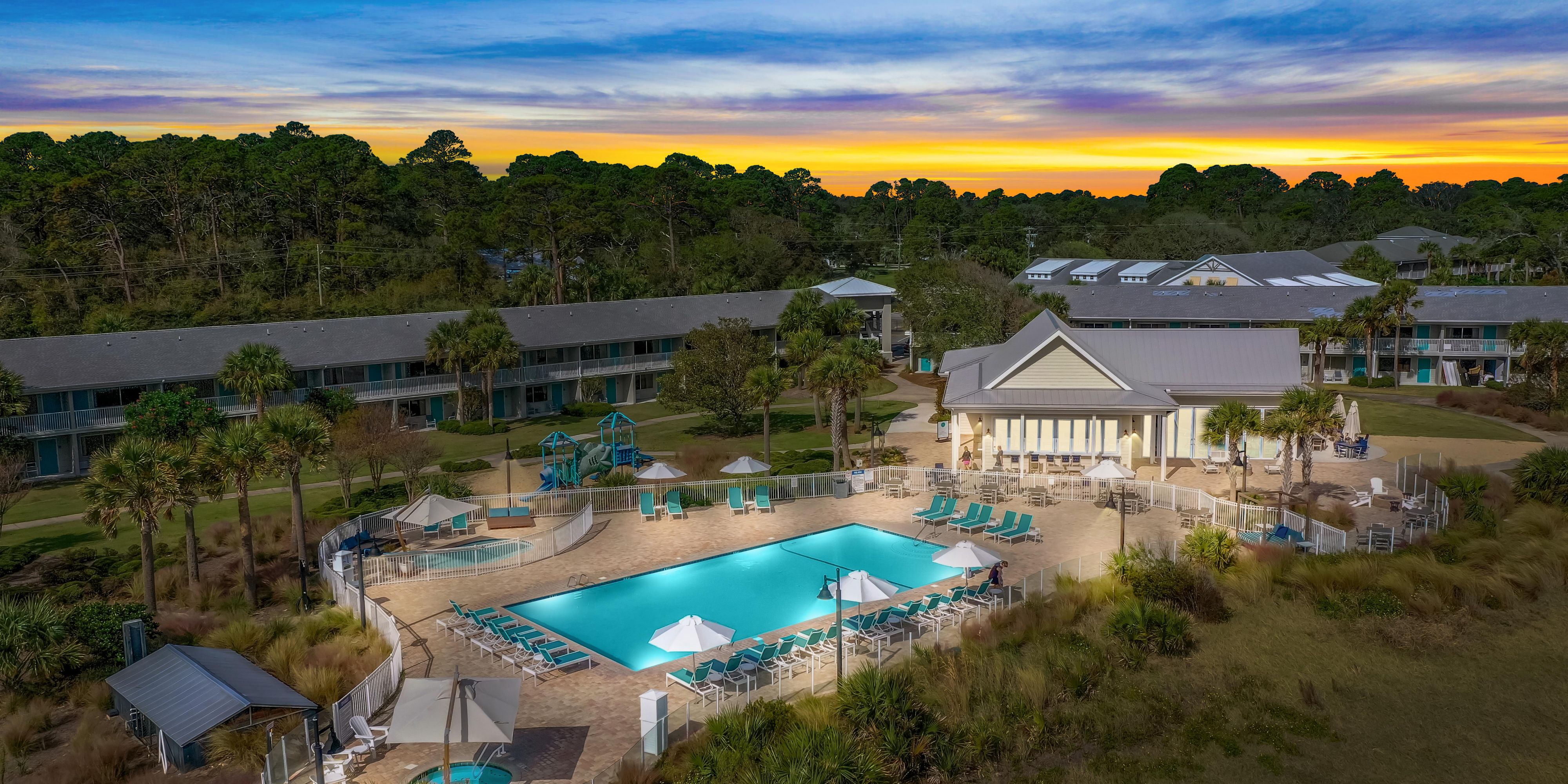 Aerial view of 24 Coastal Grill and pool
