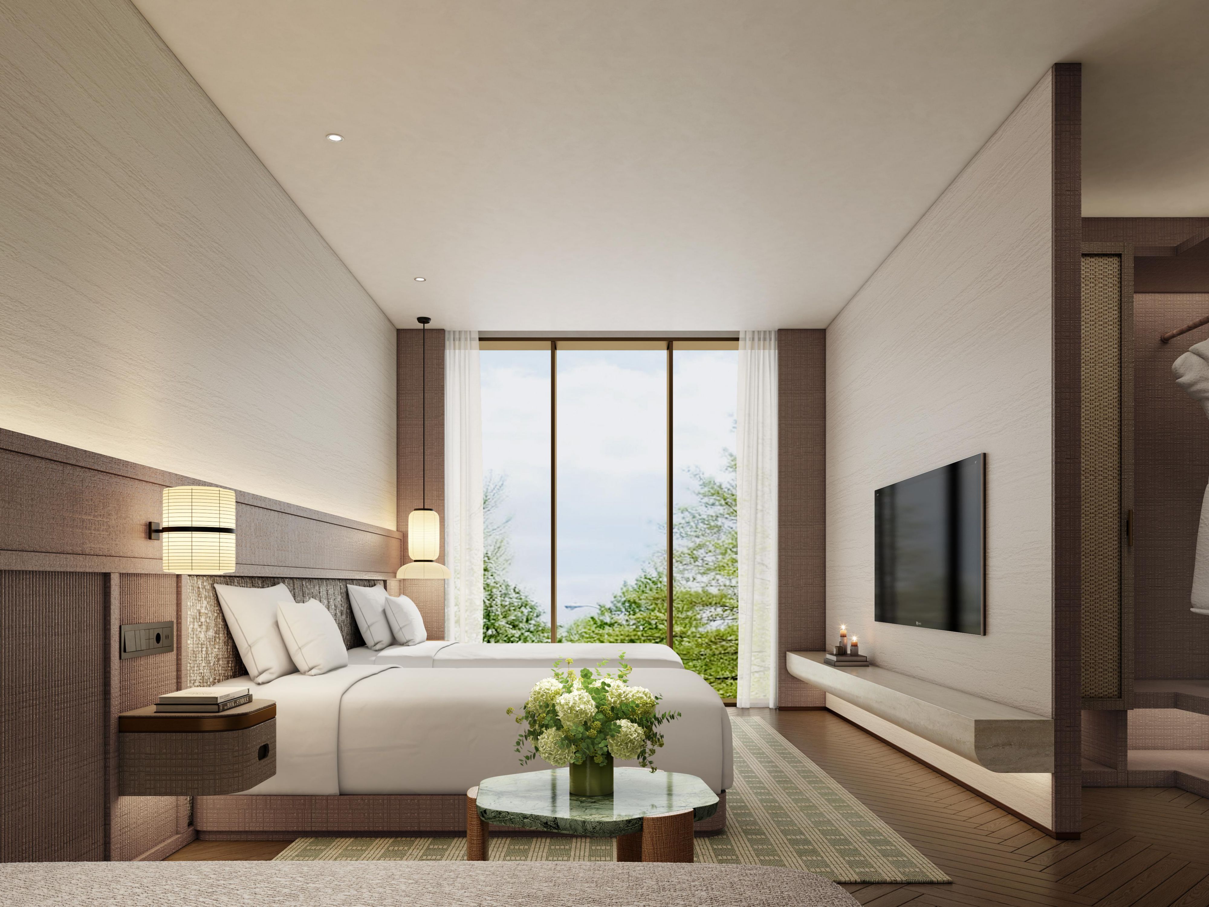 酒店110间客房，包含11栋独立别墅，每间客房引入52度自然温泉水，在房间里可泡私汤，套房内配有超大露台，坐拥美景，躺看山峦森野。体验一段山花浪漫的时光。客房可近看小院赏古韵，花香、茶香，带您走进一段心灵旅程回归自然的身心享受。