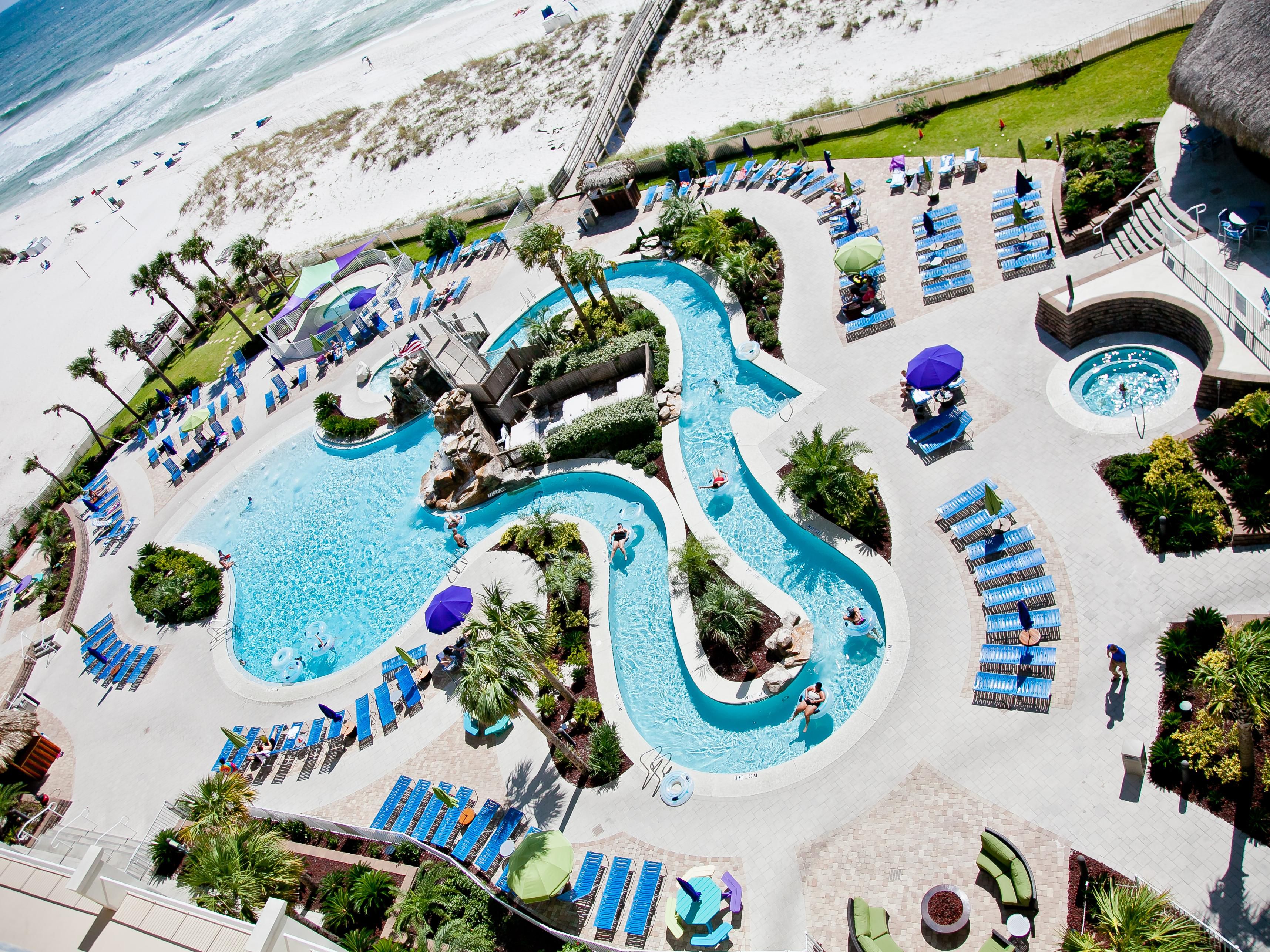We feature the most exciting year-round heated Lazy River Pool, 2 Fire Pits, 2 Hot Tubs, and easy access to Pensacola Beach's sugar-white sands. Float around our Lazy River with one of our many frozen treats for our Tiki Bar or soak away in one of our Hot Tubs. Later you can snuggle up to one of our fire pits with your favorite beverage.