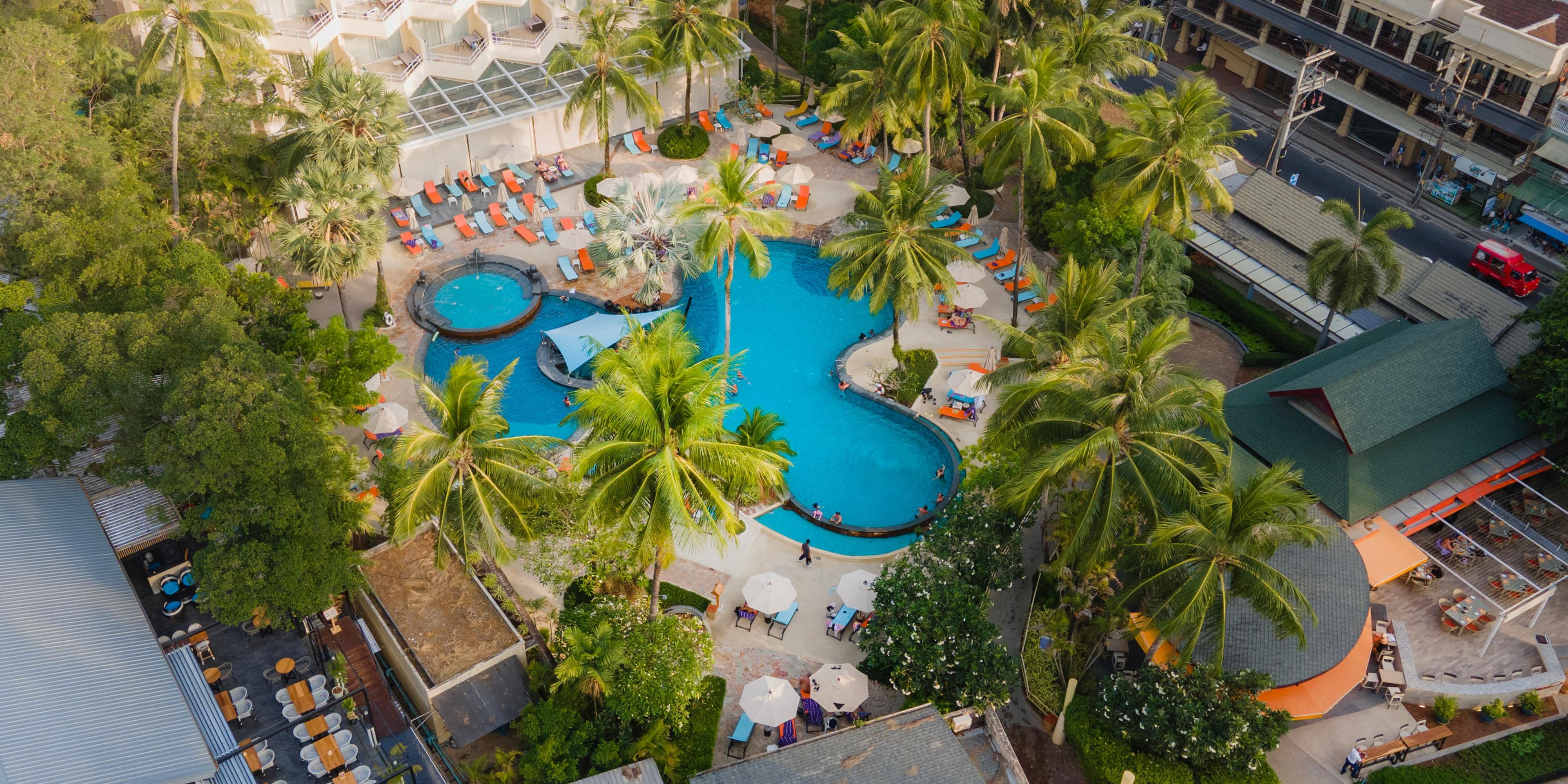 The Main Wing Pool is encircled by palm trees.