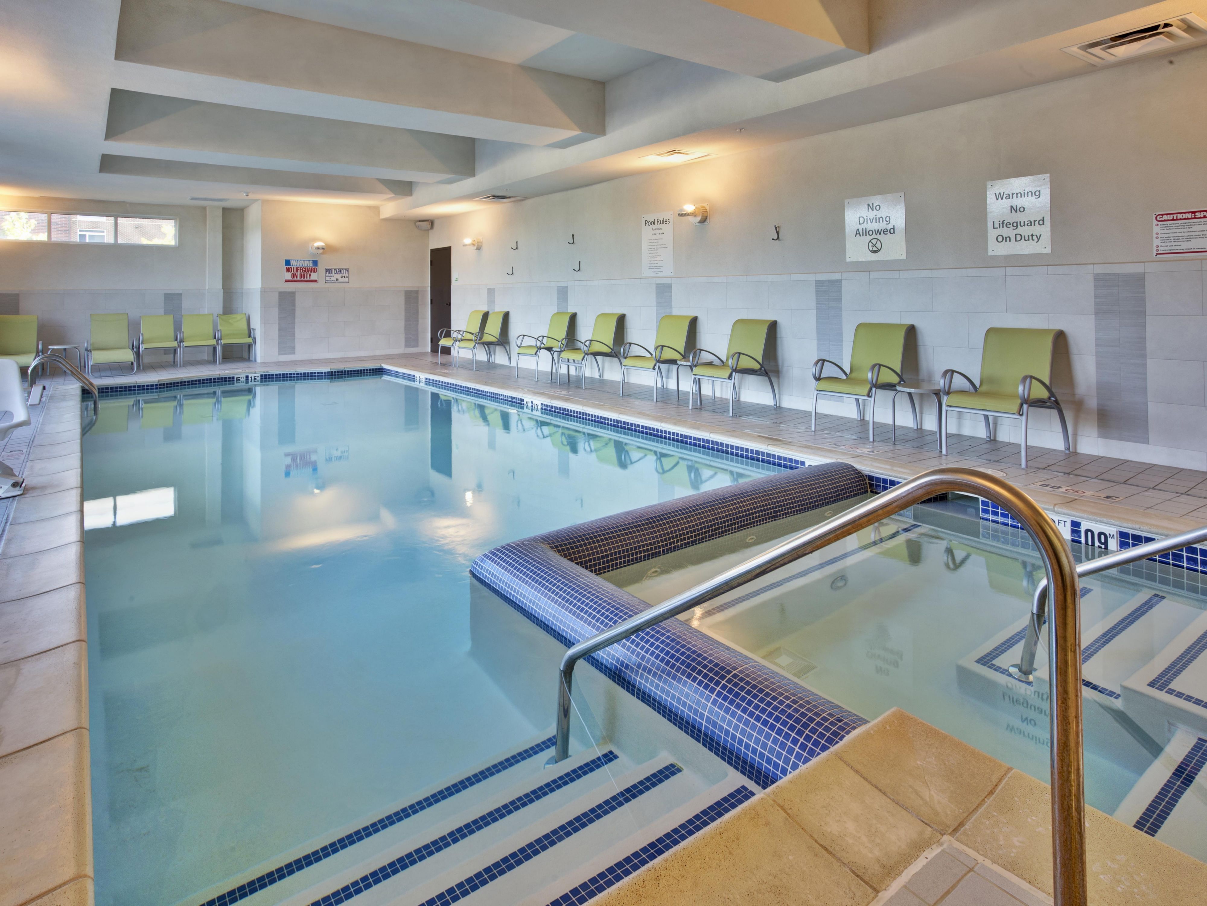 Dive into relaxation in our heated indoor pool. Whether you're looking to make a splash with the family, swim laps for a morning workout, or enjoy a soothing soak in the whirlpool, our pool is designed for year-round enjoyment and relaxation.