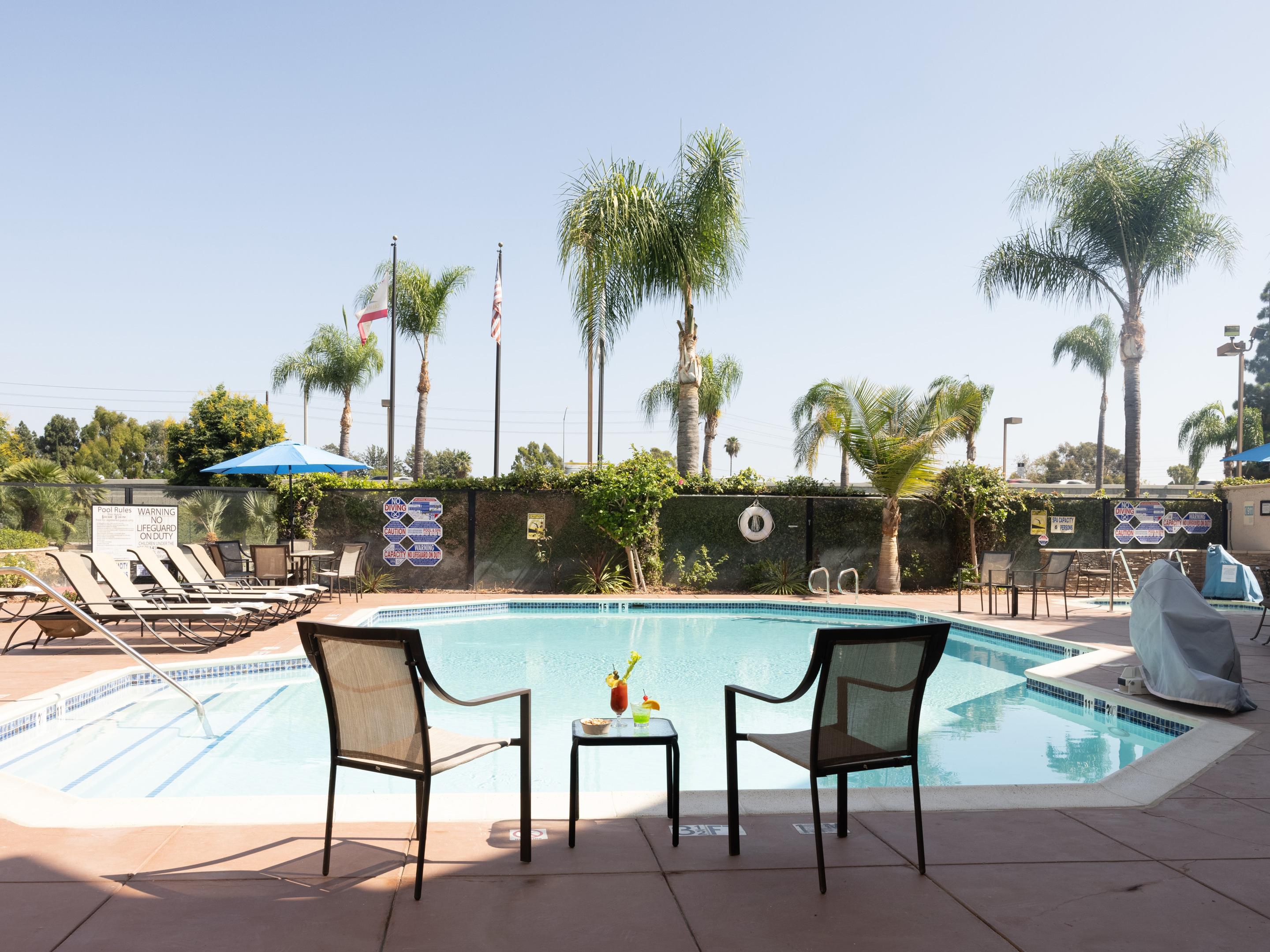 Enjoy a refreshing swim any time of year in our outdoor heated pool, open daily from 8 AM to 10 PM. Whether you want to take an early morning dip or relax after a long day, the warm water is always inviting. Plenty of lounge chairs and umbrellas are available poolside for you to relax in after your swim.
