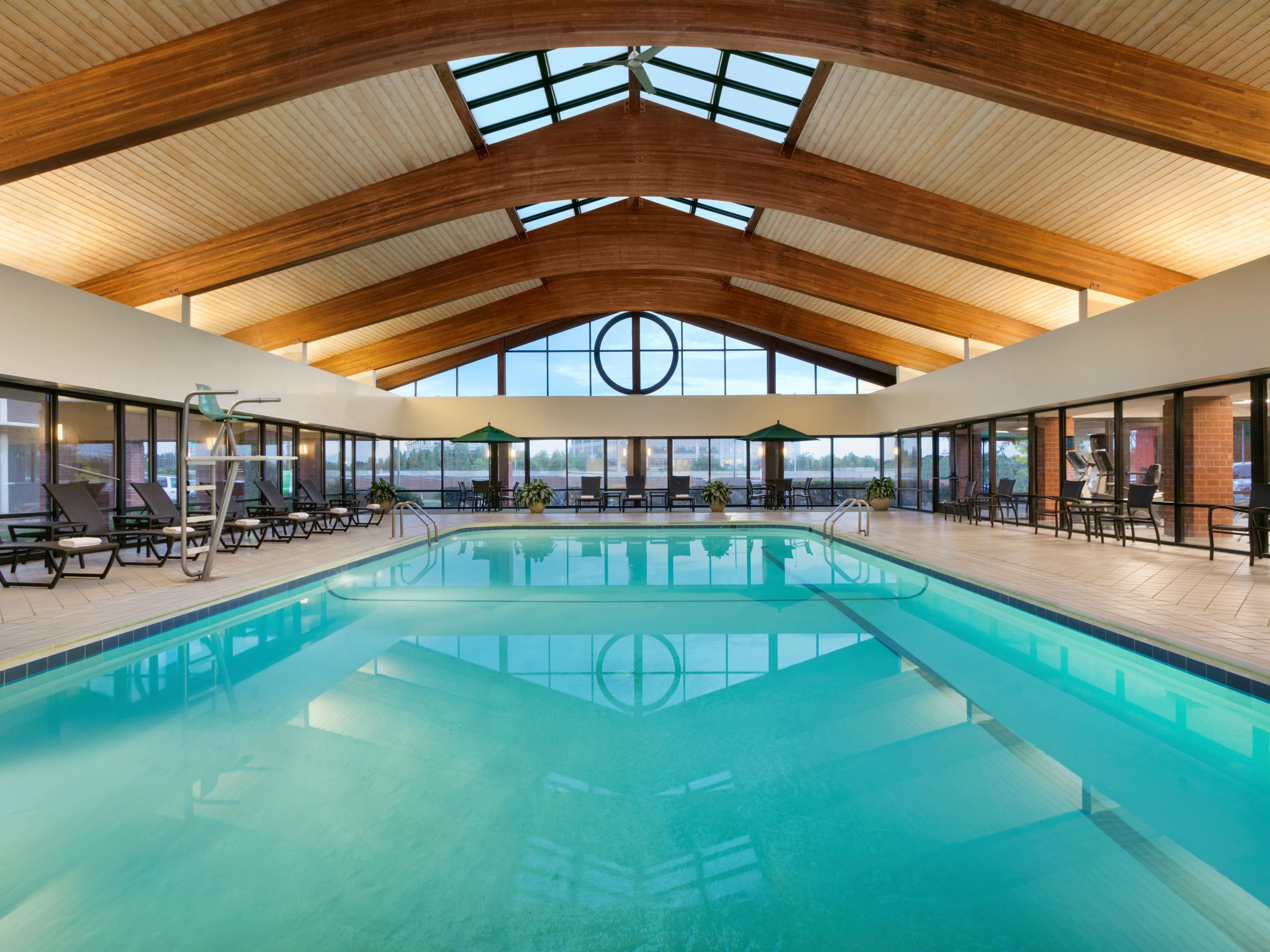 Take a dip or relax by our heated indoor swimming pool, open year-round to hotel guests. Our atrium-style pool area features comfortable lounge chairs and pool towels. Current pool hours:

Monday–Thursday: 5PM–9PM
Friday: 3PM–10PM
Saturday: 10AM–10PM
Sunday: 8AM–2PM

Hours subject to change at any time, holiday hours vary.