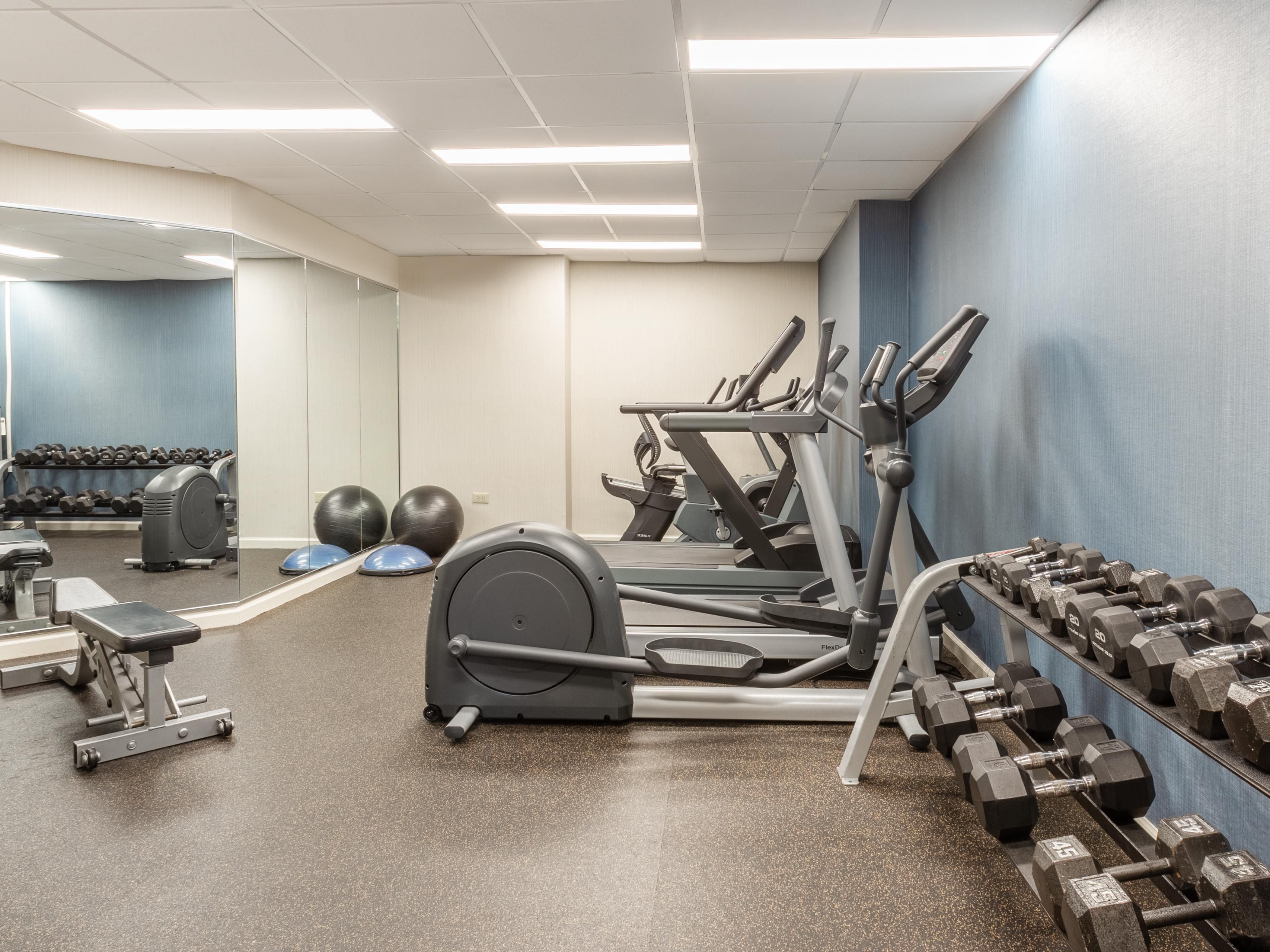 Stay active and energized in our 24-hour Fitness Center. If you prefer a cardio workout, hop on one of our treadmills or elliptical machines. Or utilize our free weights for a strength training session. Whatever you like to do, our facility is fully equipped to offer you a satisfying workout anytime, night or day.