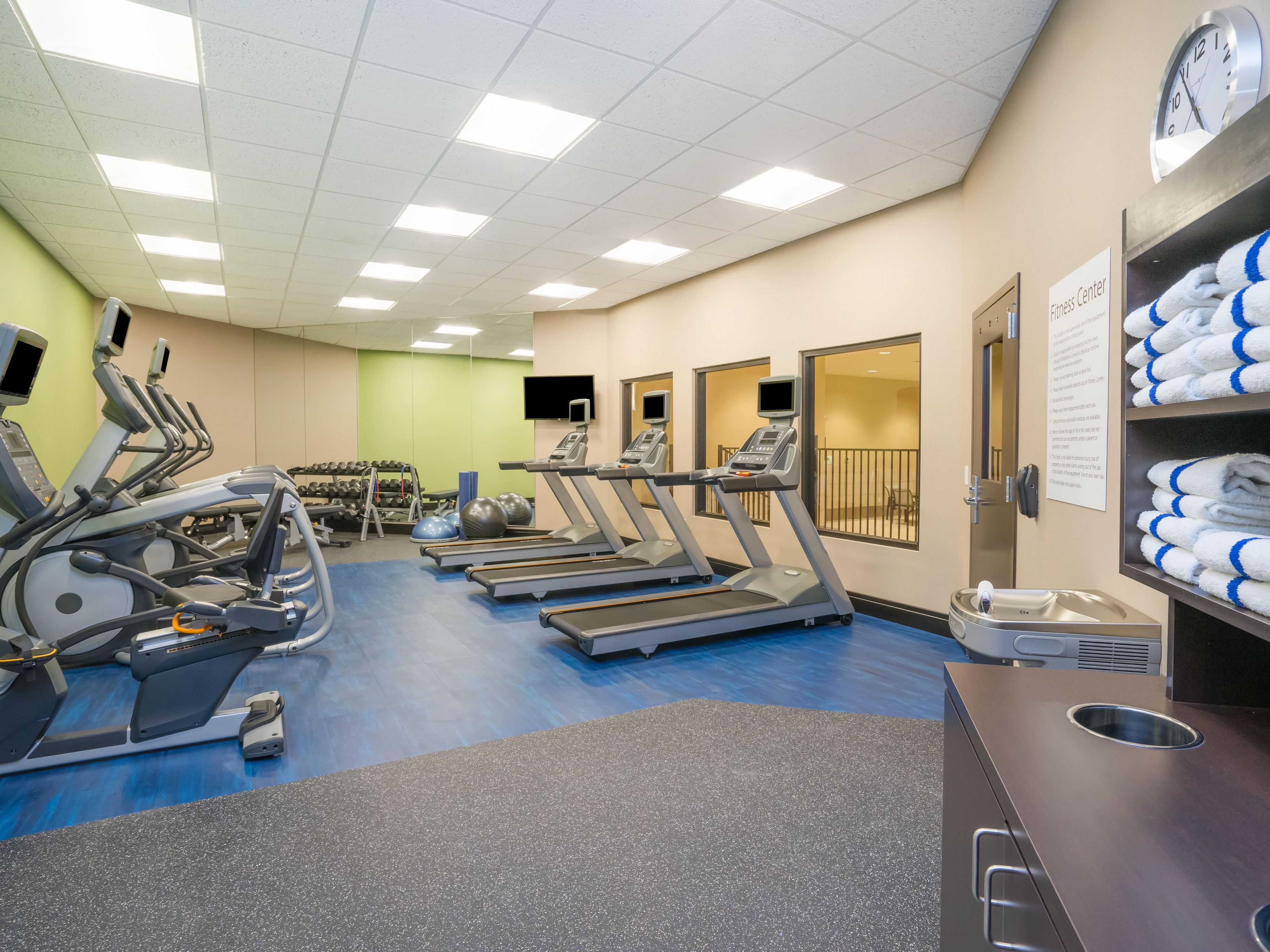Our hotel offers a large Fitness Center that is available 24 hours a day to our guests. We offer 3 Treadmills, 1 Stationary Bike, 2 Ellipticals, Free-weights, Resistance Bands, Exercise Ball, Bosu Ball, and workout mats.