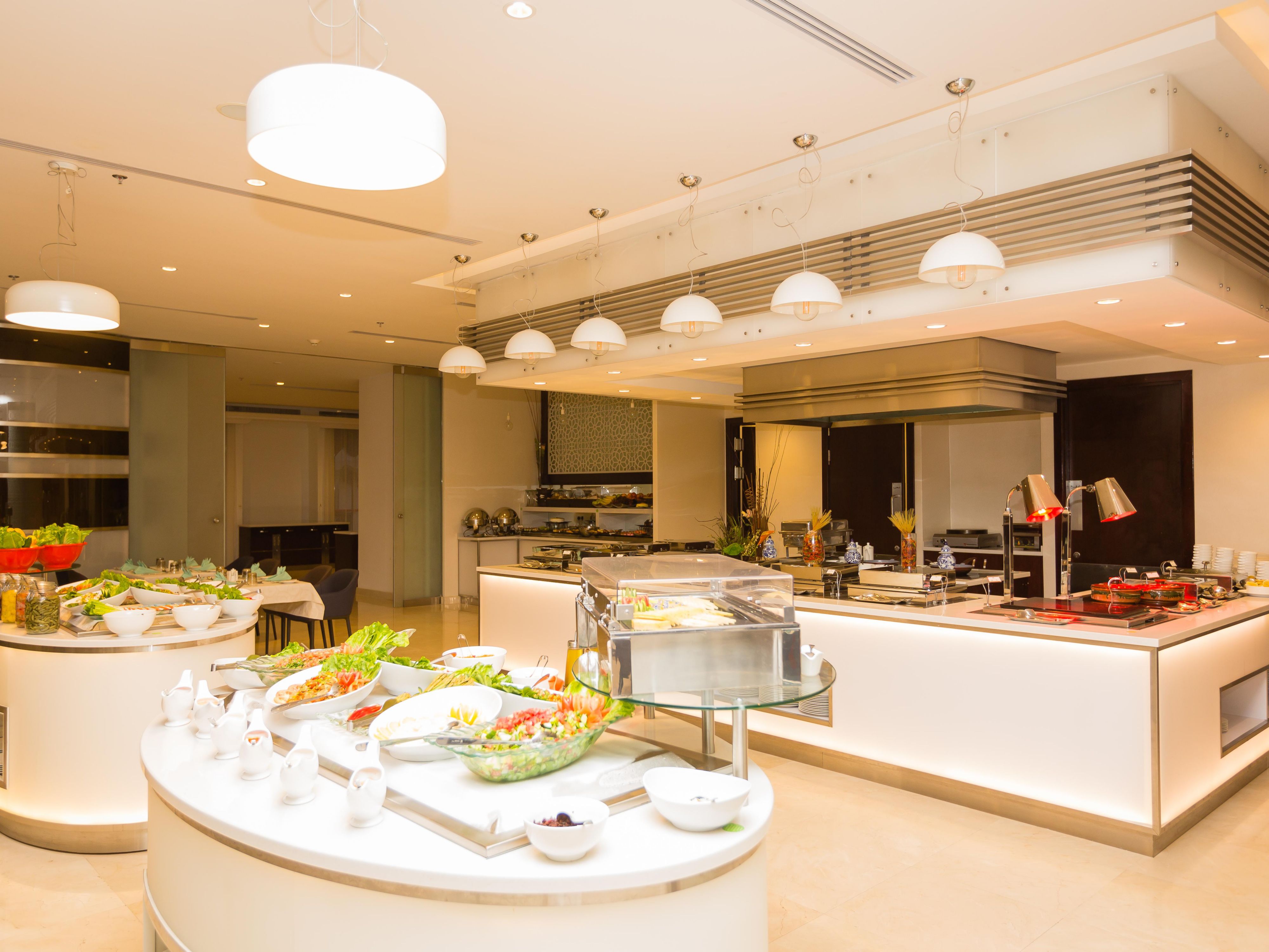 Breakfast, lunch, and a theme night buffet are all available all day.