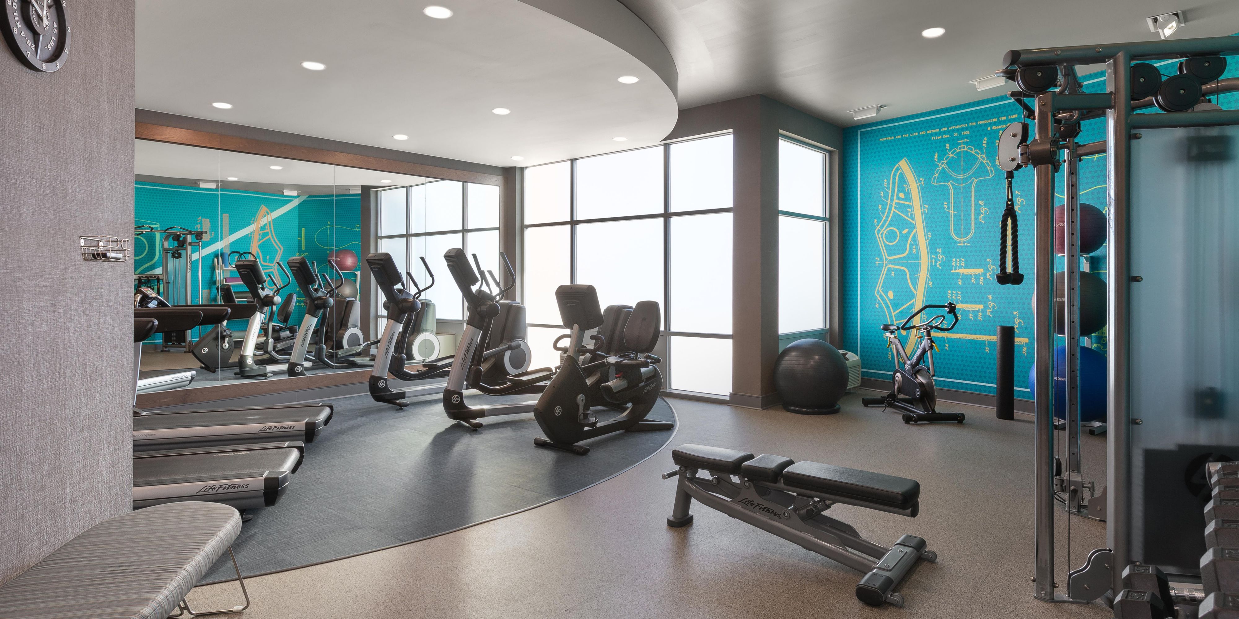 Match your routine from the road with weights, treadmill or bikes.