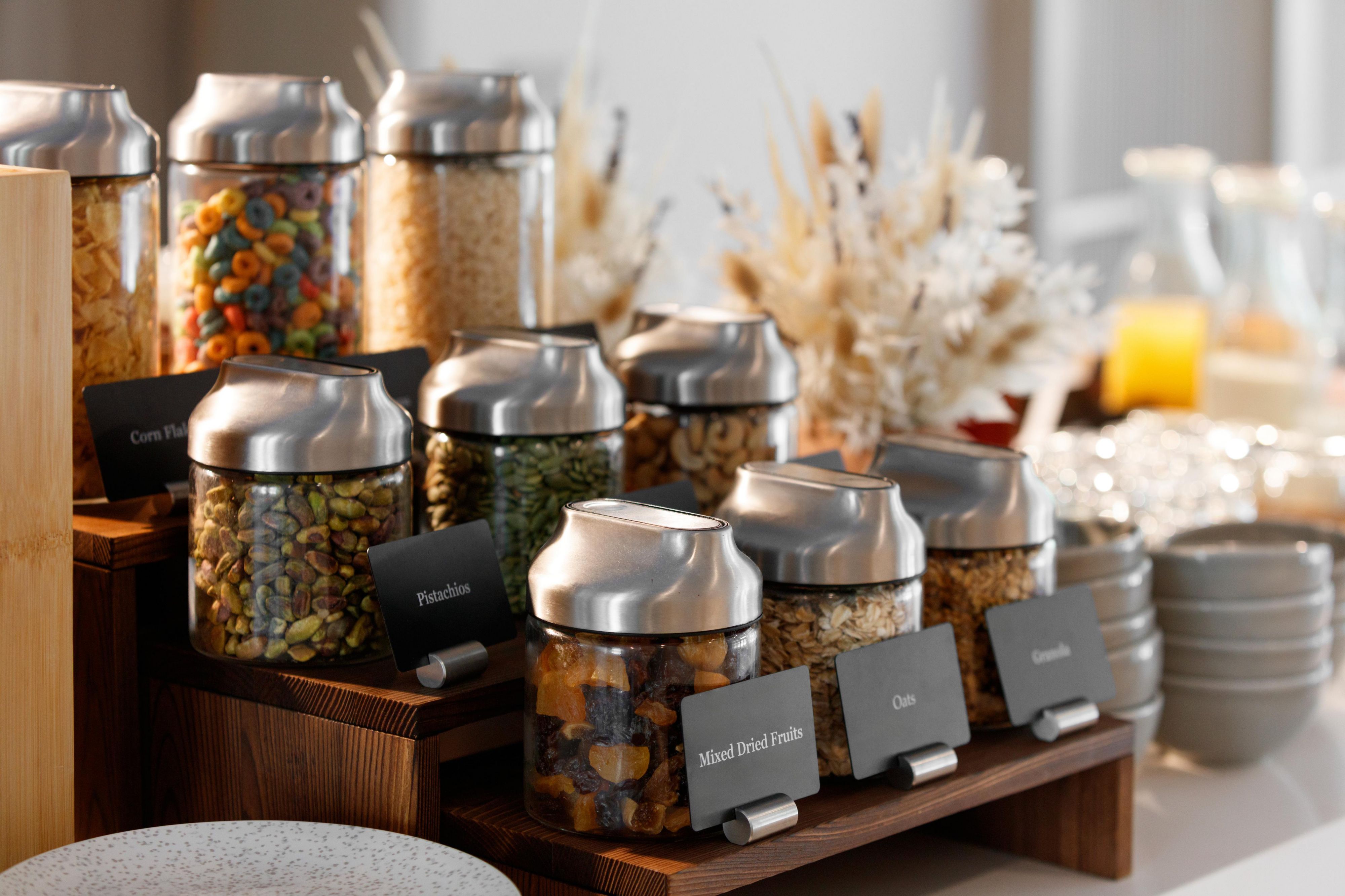 Breakfast toppings and cereals at the buffet station