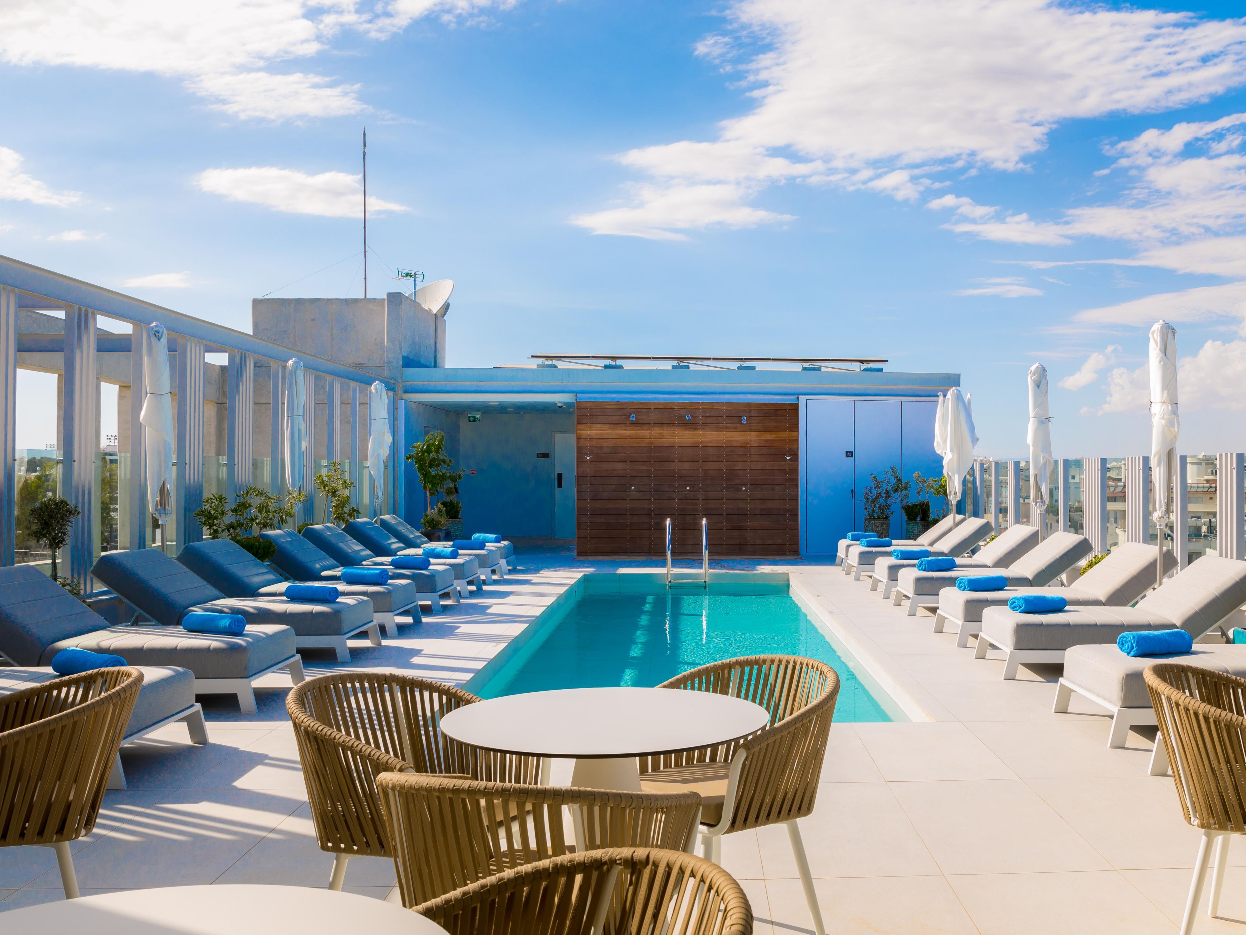 A stunning Rooftop Pool Bar where you can enjoy a refreshing cocktail or a snack while capturing breathtaking views of the Mediterranean Sea and the city of Larnaca.