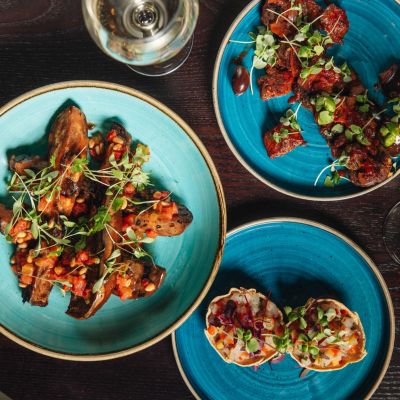 Roasted Aubergine, Lamb Meatballs and Scallop Tartare.