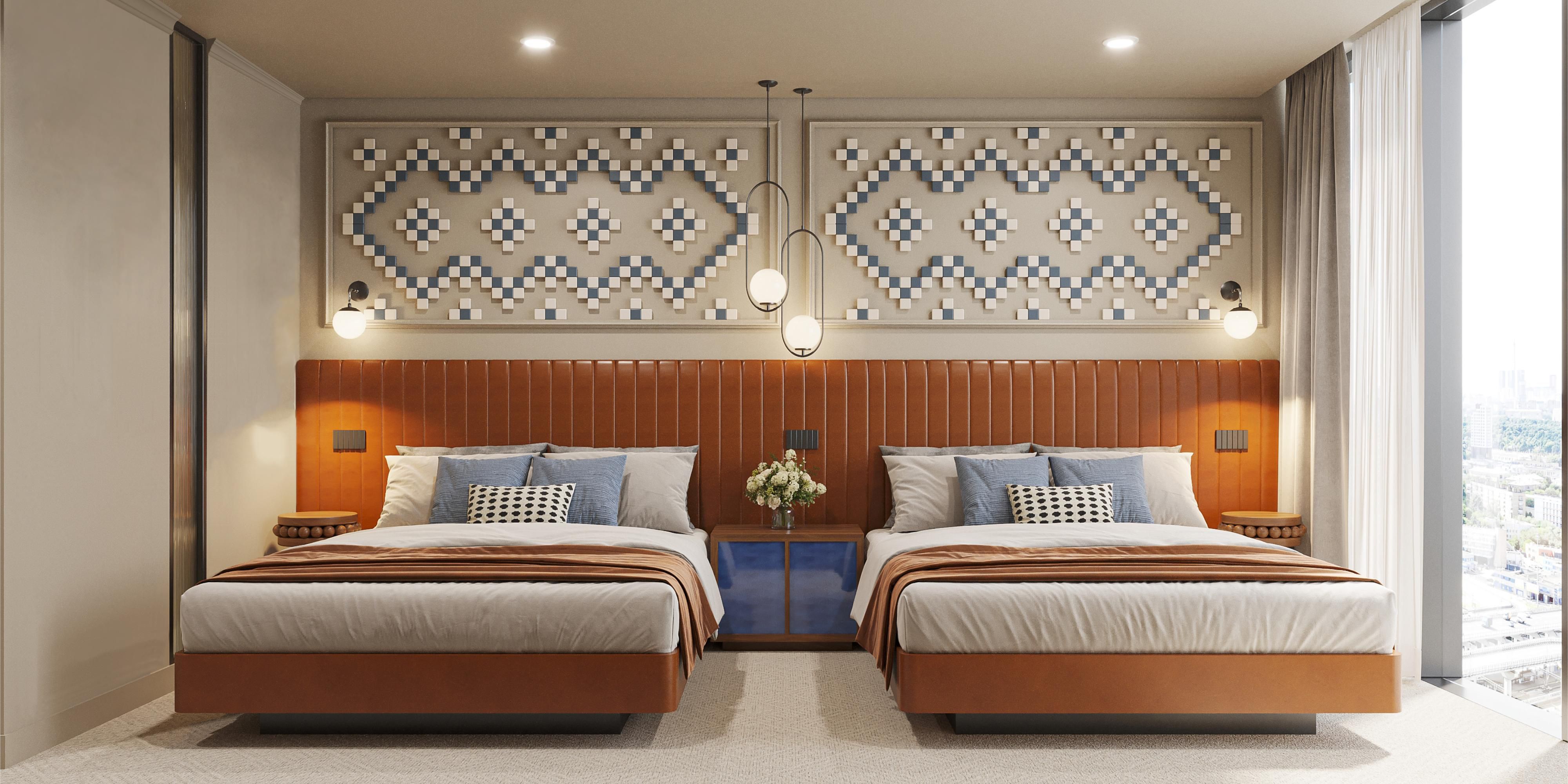 Enjoy a double queen room with plush bedding and natural lighting.