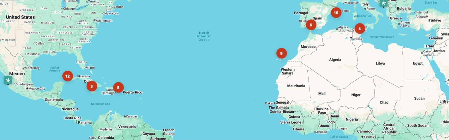 Map view of Iberostar Beachfront Resorts locations