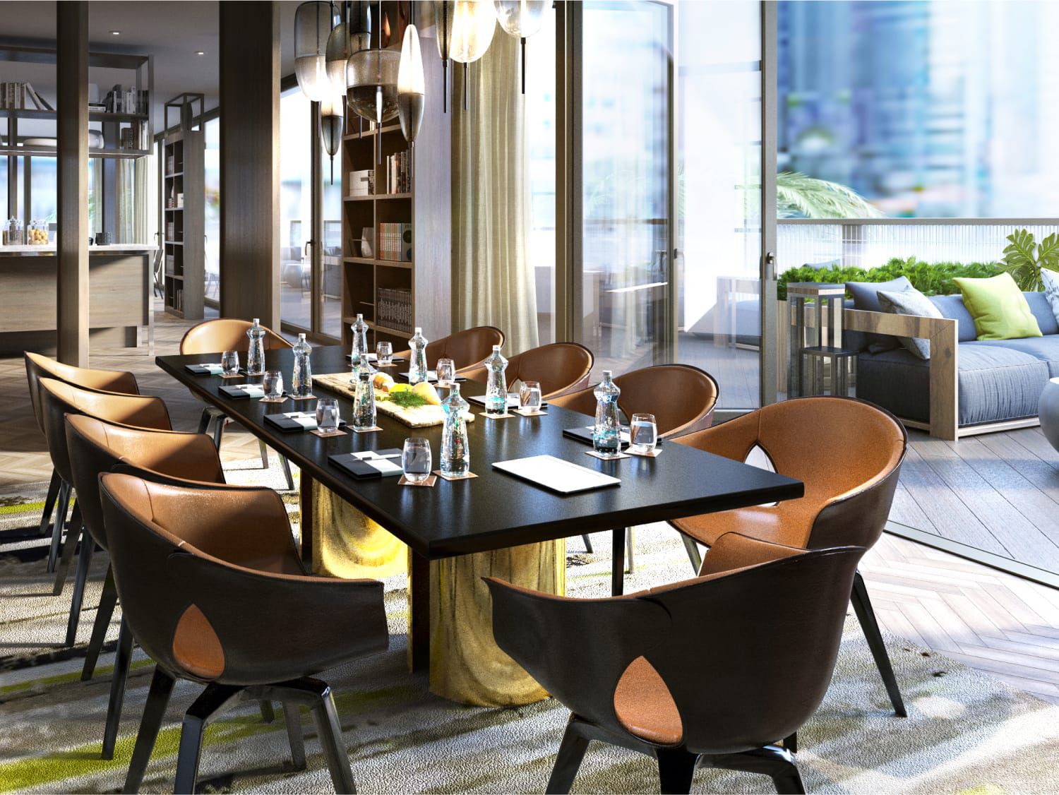 Large conference room with dark brown table and white chairs