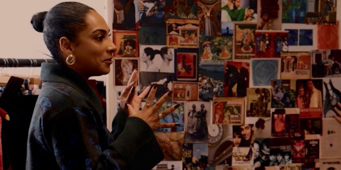 Fashion designer, Priya Ahluwalia, speaks to guests on creativity before her LFW runway show.