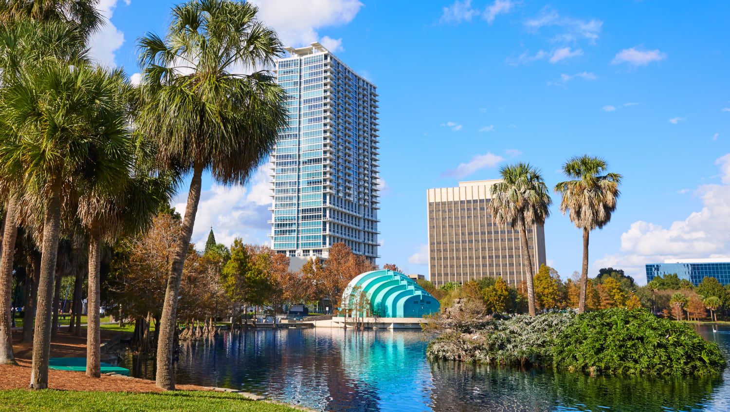 Lakefront palms and distant urban towers in downtown Orlando.