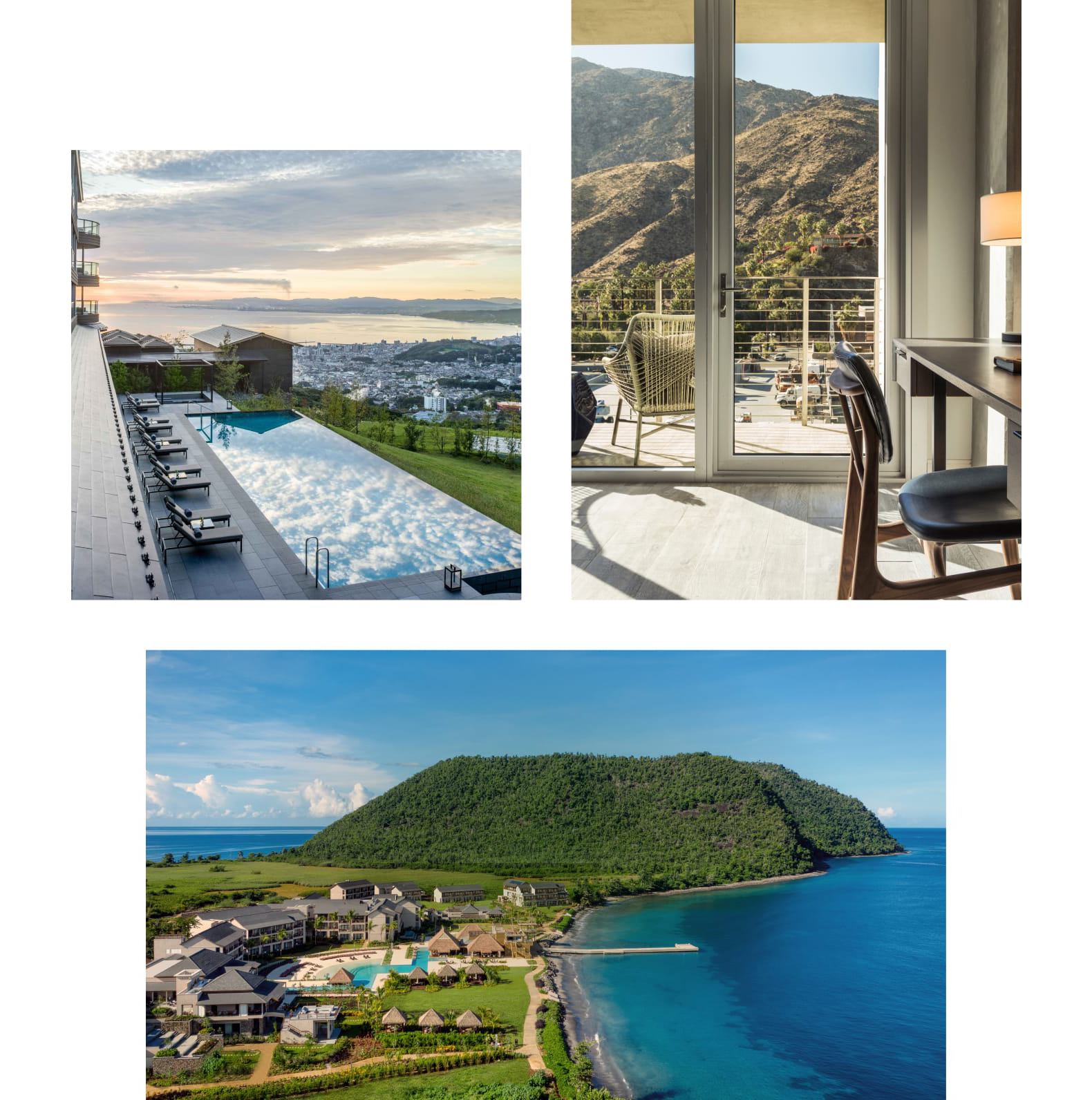 Cluster of images showcasing a beach, a pool, and a trendy lobby