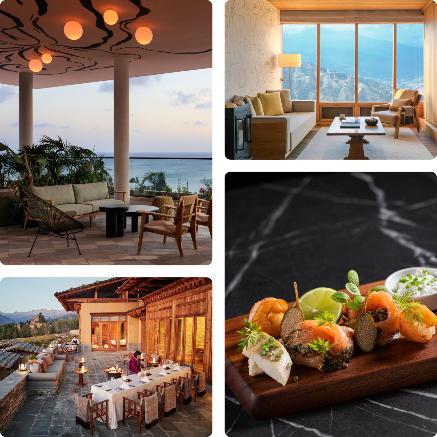 A seaside lounge with outdoor tables and a sushi platter of colourful fish.