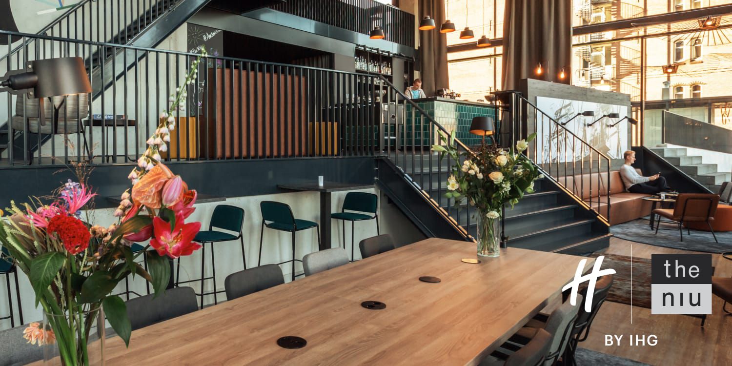 Modern lobby with elevated bar