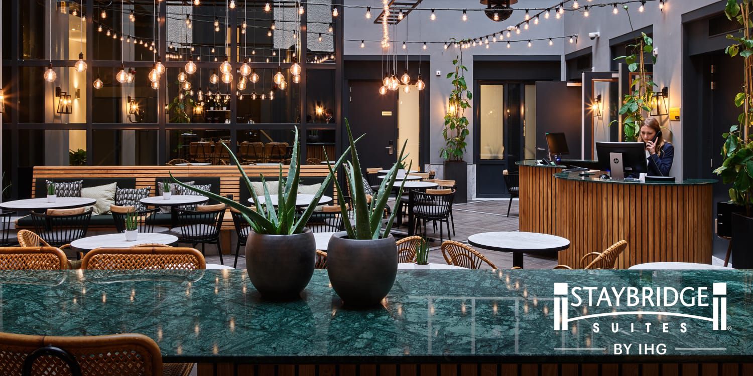 Courtyard seating area with string lights