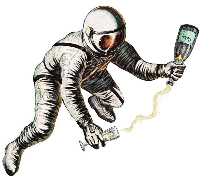 宇航员将香槟倒入玻璃杯的素描