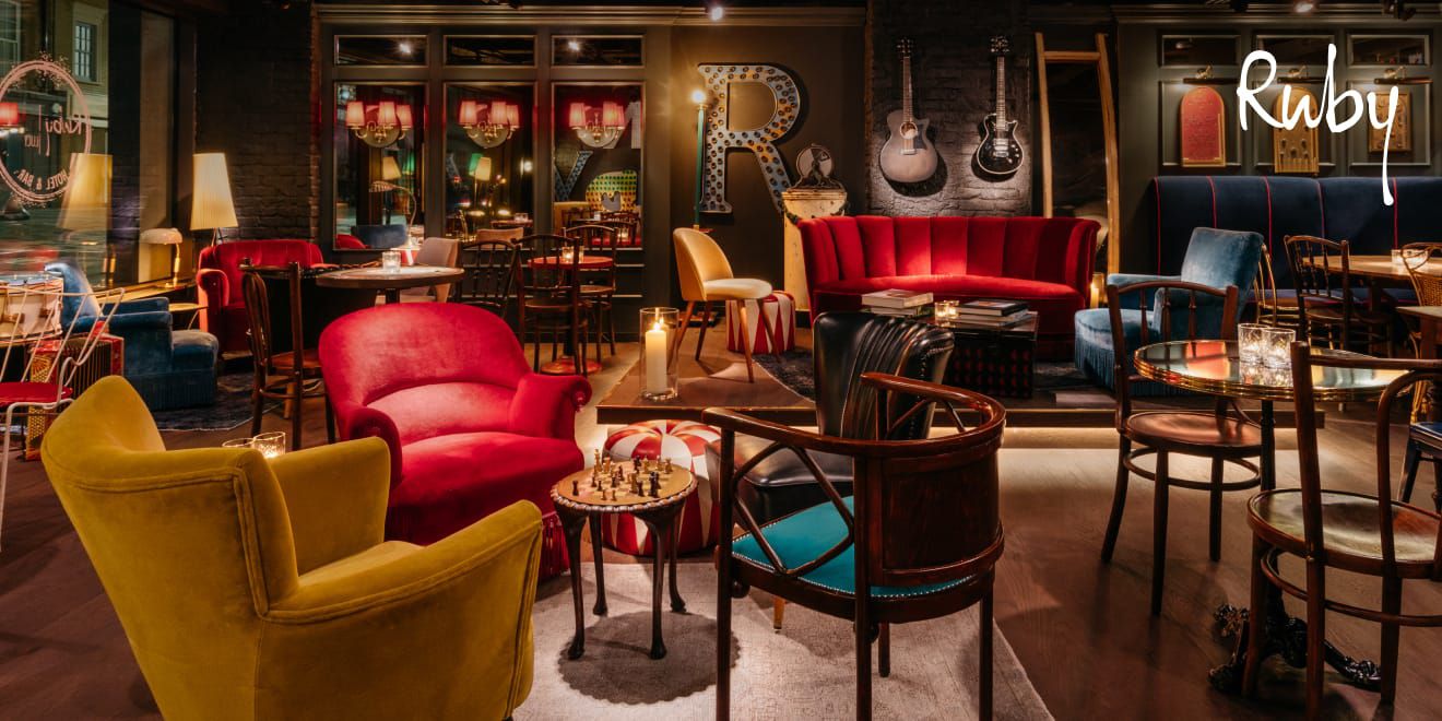 Modern hotel lobby with ample colourful seating