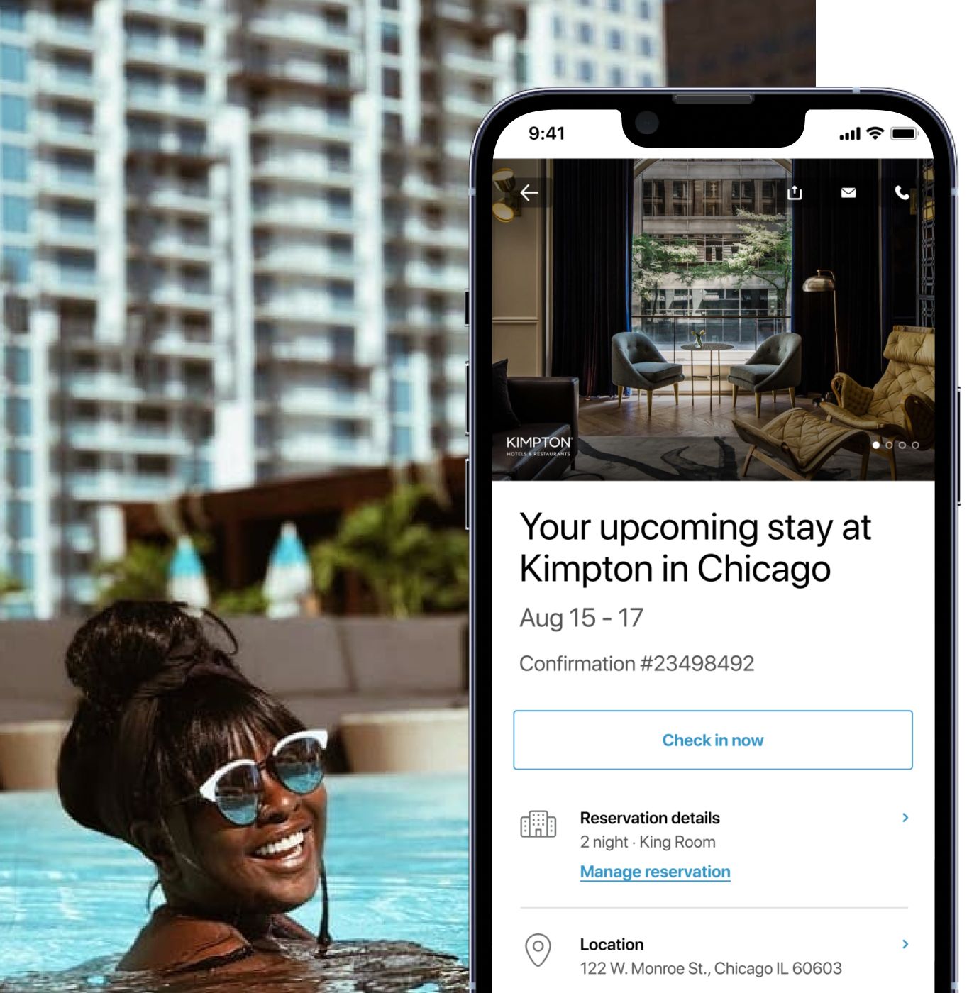 Visual of app screen with hotel room with photo of woman smiling in pool in background