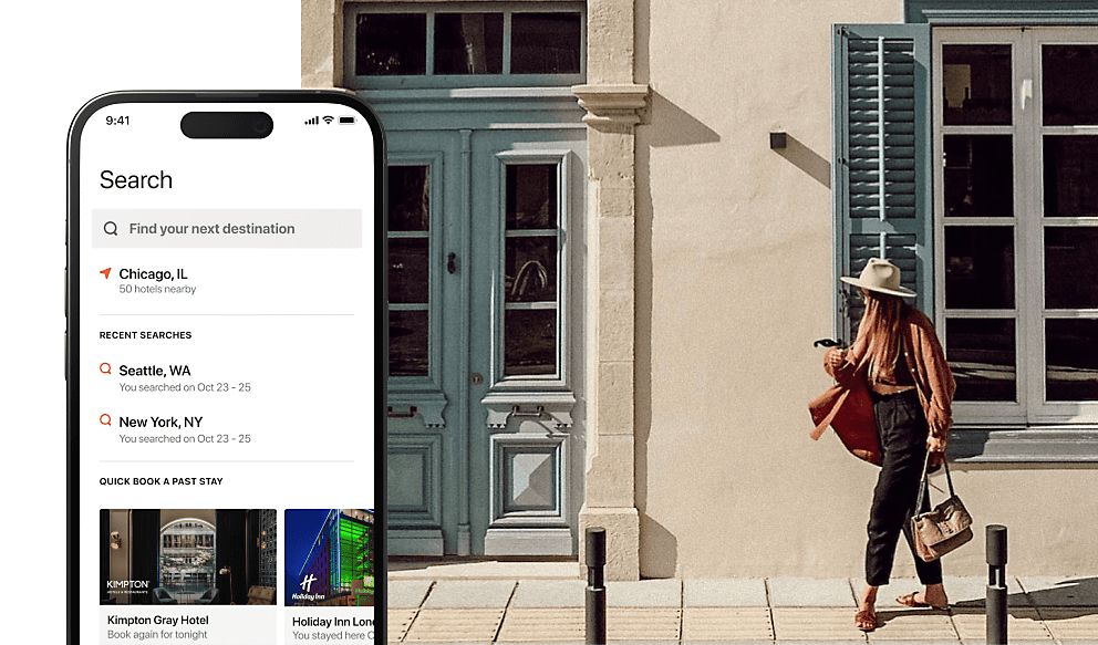 IHG app search interface on phone screen, woman with travel bags