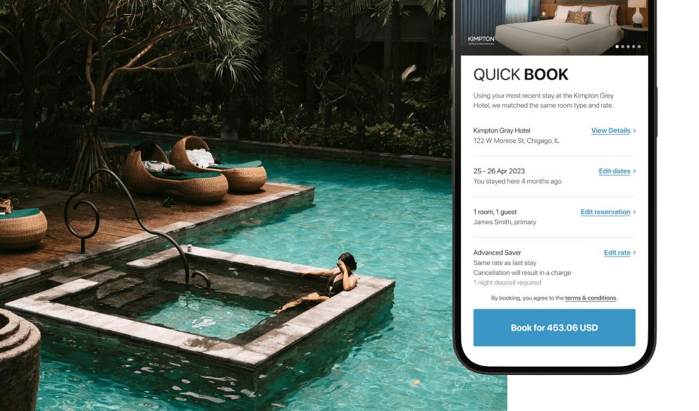 Woman in luxury wading pool, IHG app quick book interface on phone screen