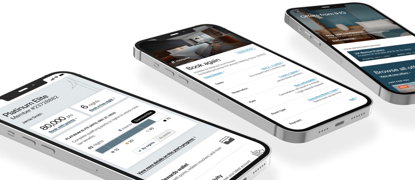 Image of phone screens with IHG One Rewards app 