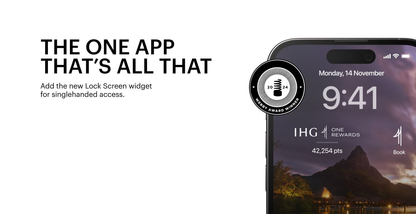 IHG app lock screen widget on phone screen featuring 2024 Webby Award Winner seal