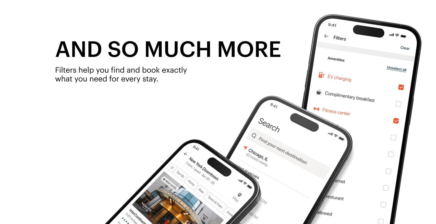 IHG app search and filter interface on phone screen