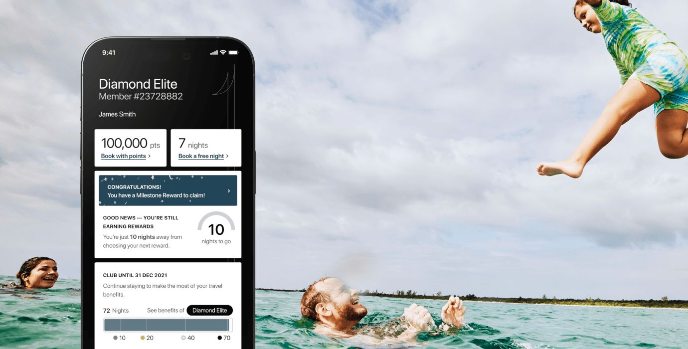 Diamond Elite account management interface on phone screen, family playing in water