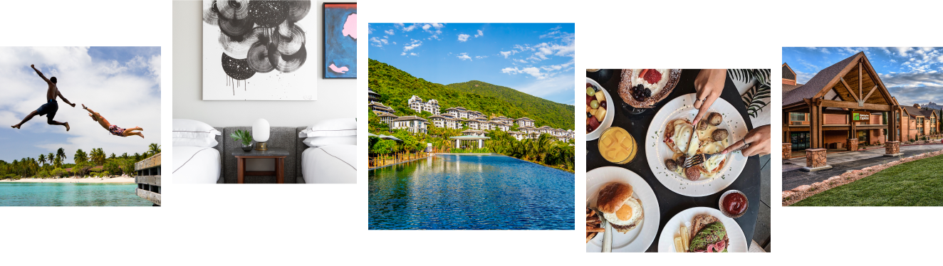 Collage of images representing the 17 brands and 6,000 destinations of IHG Hotels & Resorts