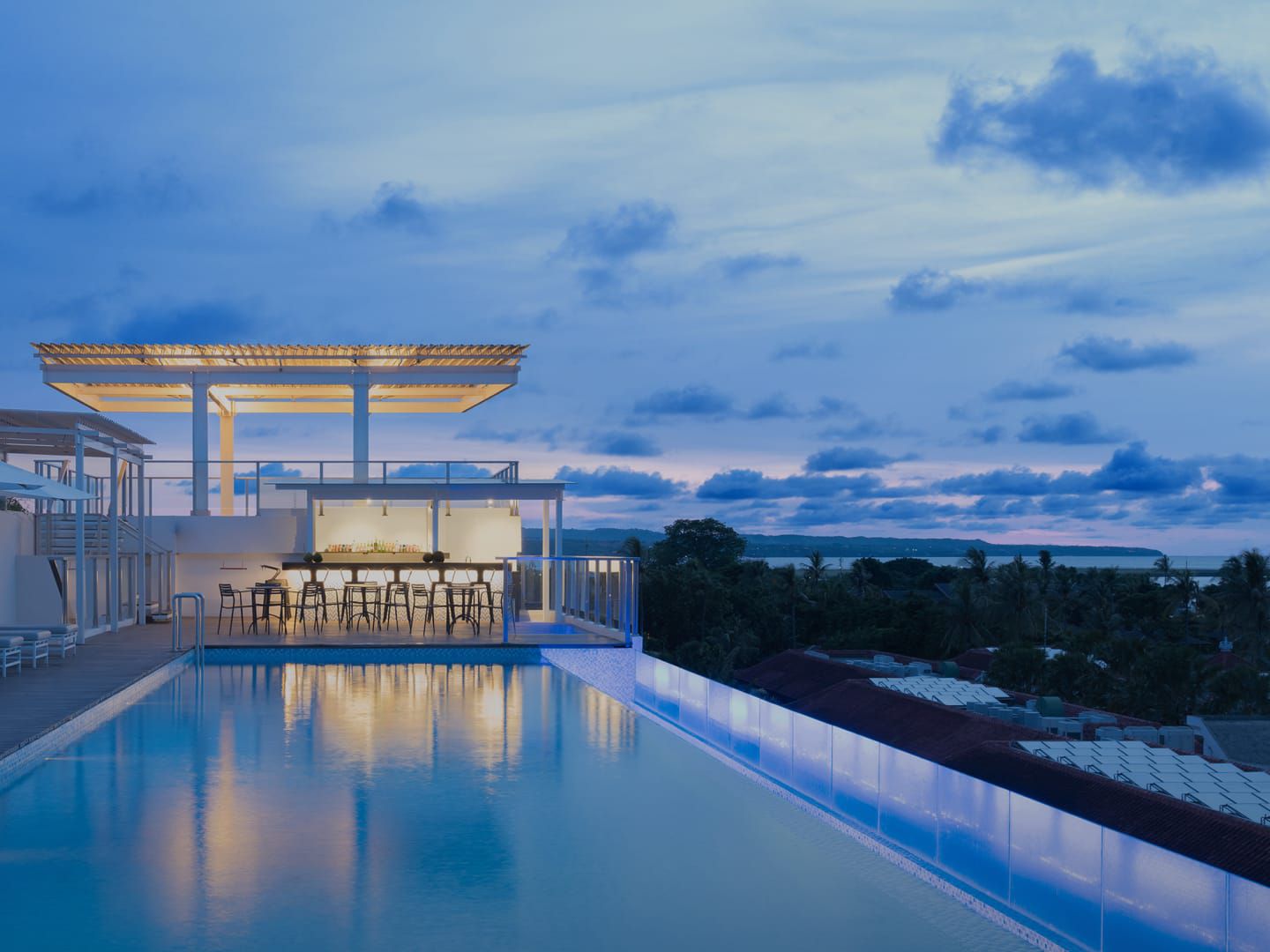 Pool deck view at sunset.