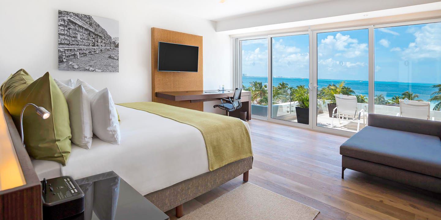 View of hotel room looking outside over balcony