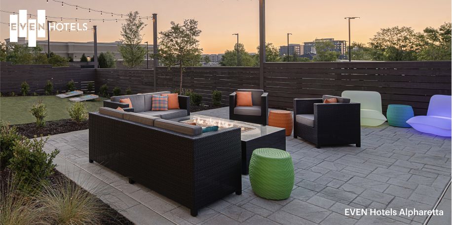  The airy, spacious patio of the EVEN Hotel in Alpharetta, Georgia.